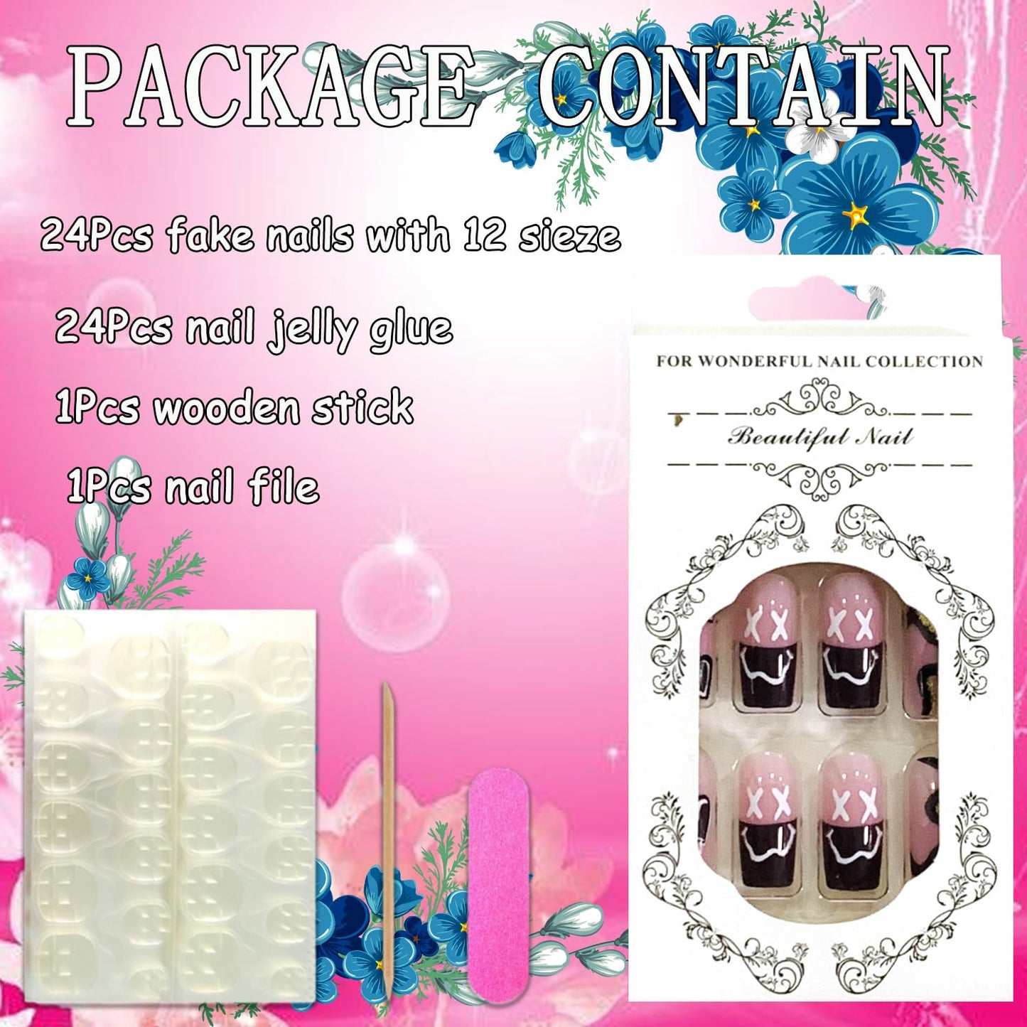 Press on Nails Square Medium Pink 24Pcs Glossy Full Cover Artificial Fake Nails with Heart Line Designs Reusable Coffin Acrylic False Nails Glue Stick on Fingernails with Charm for Women