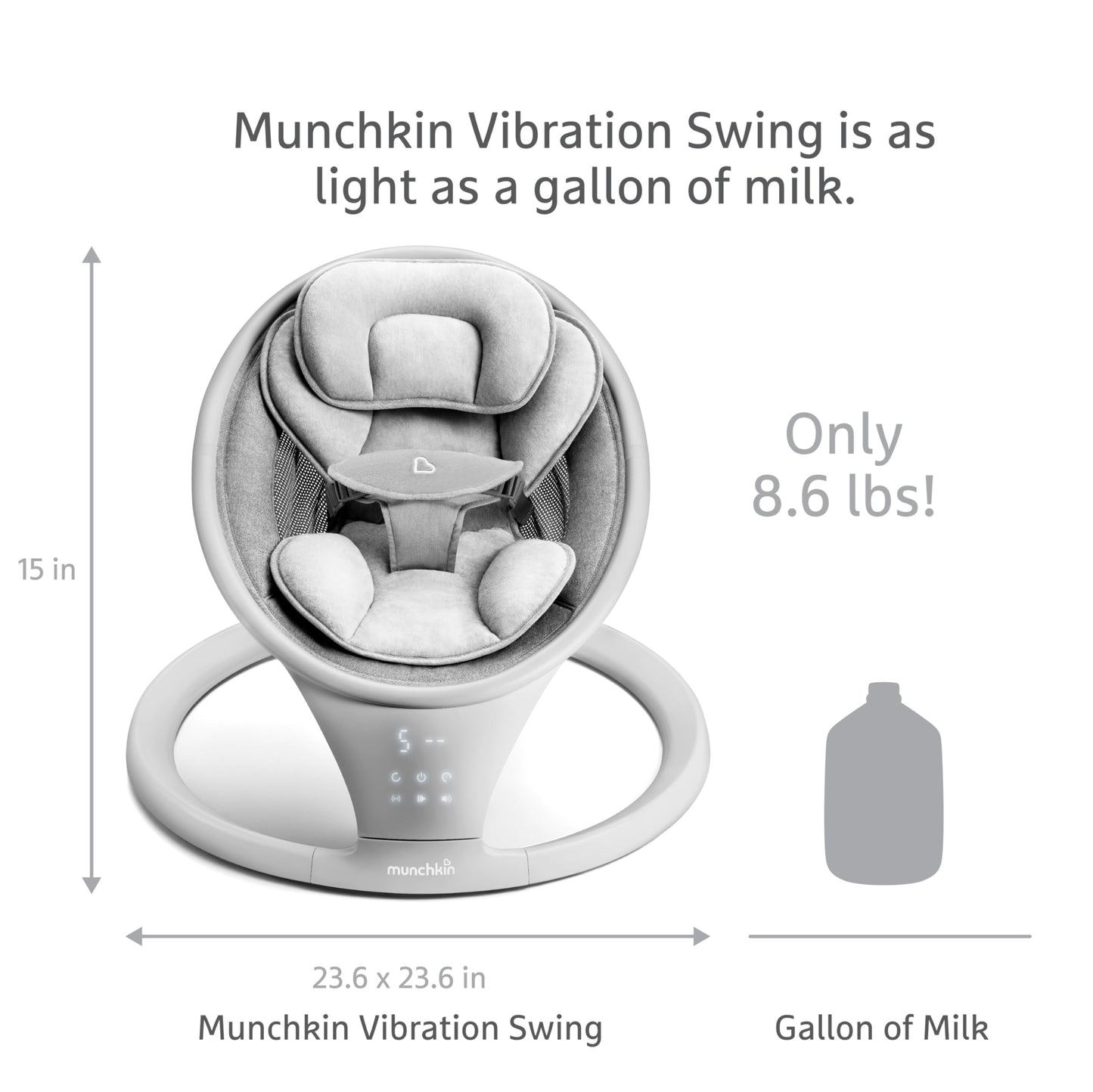 Munchkin Electric Baby Swing with Vibration - Portable Swing for Newborn and Infant, Bluetooth-Enabled Smart Seat with Music, Motion, and Sounds, Light Grey