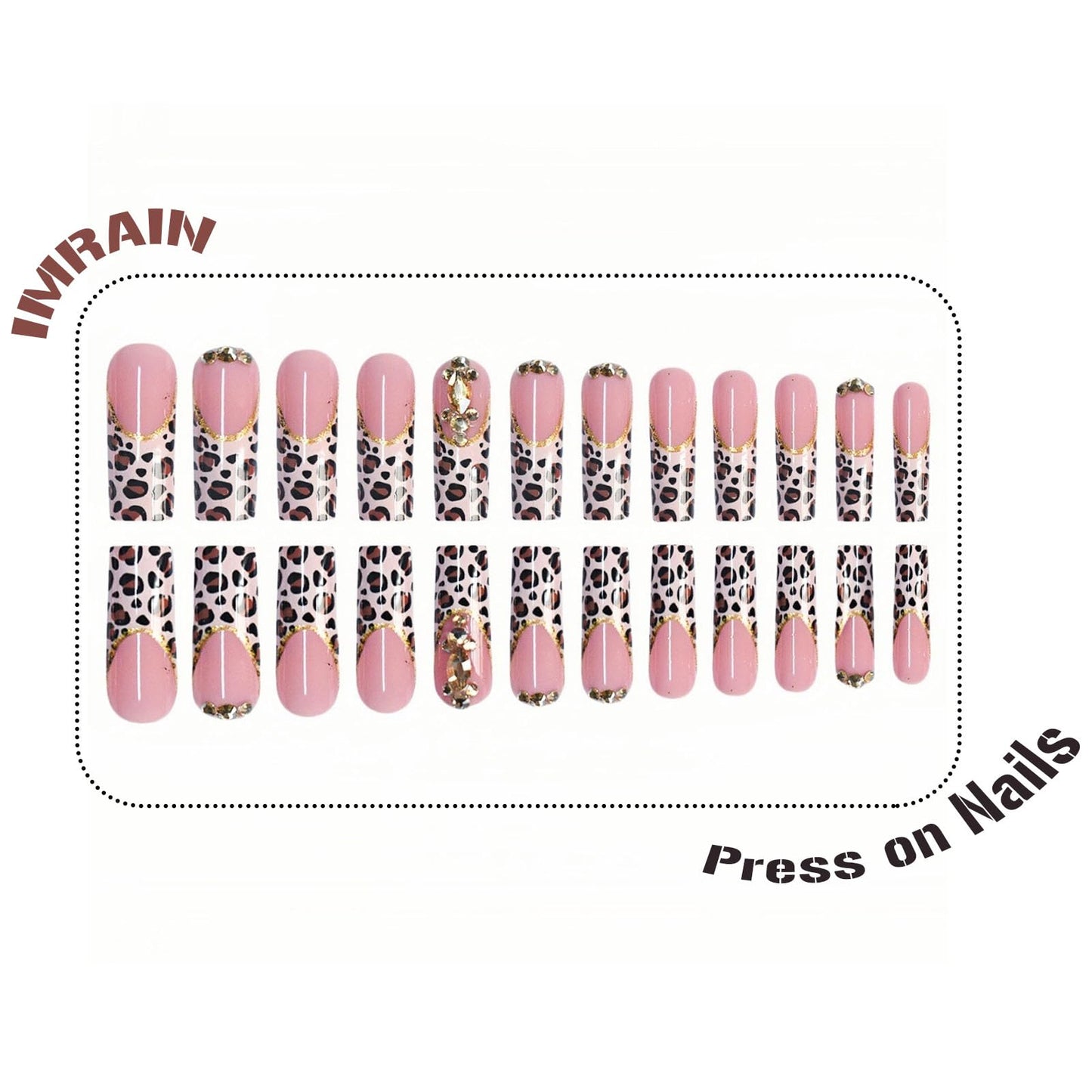 IMRAIN Long Square Press on Nails Leopard Print French Tip Fake Nails with Rhinestone Designs Brown Acrylic False Nails Glossy Fall Glue Stick on Nails for Women 24Pcs