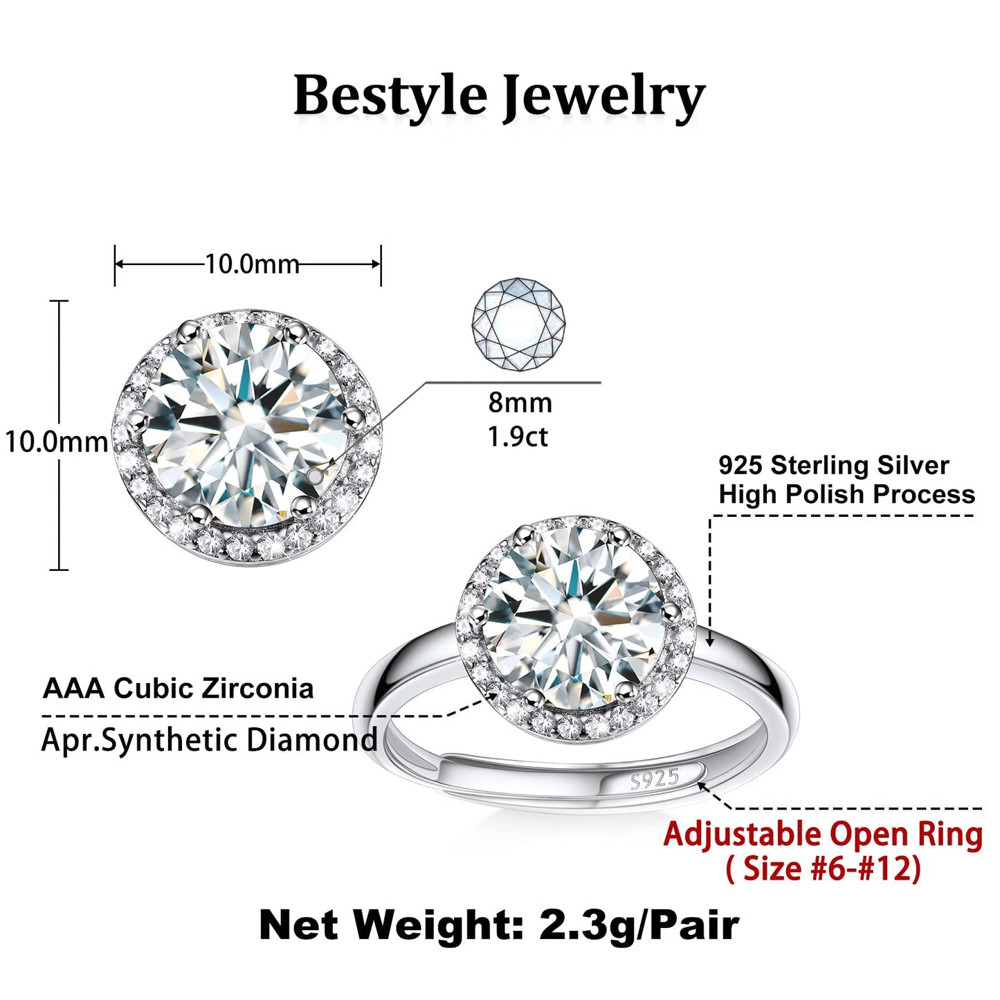 Bestyle 925 Sterling Silver Round Cut Gemstone Cubic Zirconia Rings for Women, April White Diamond Rings, Statement and Promise Ring for Engagement/Wedding/Anniversary/Valentines Day