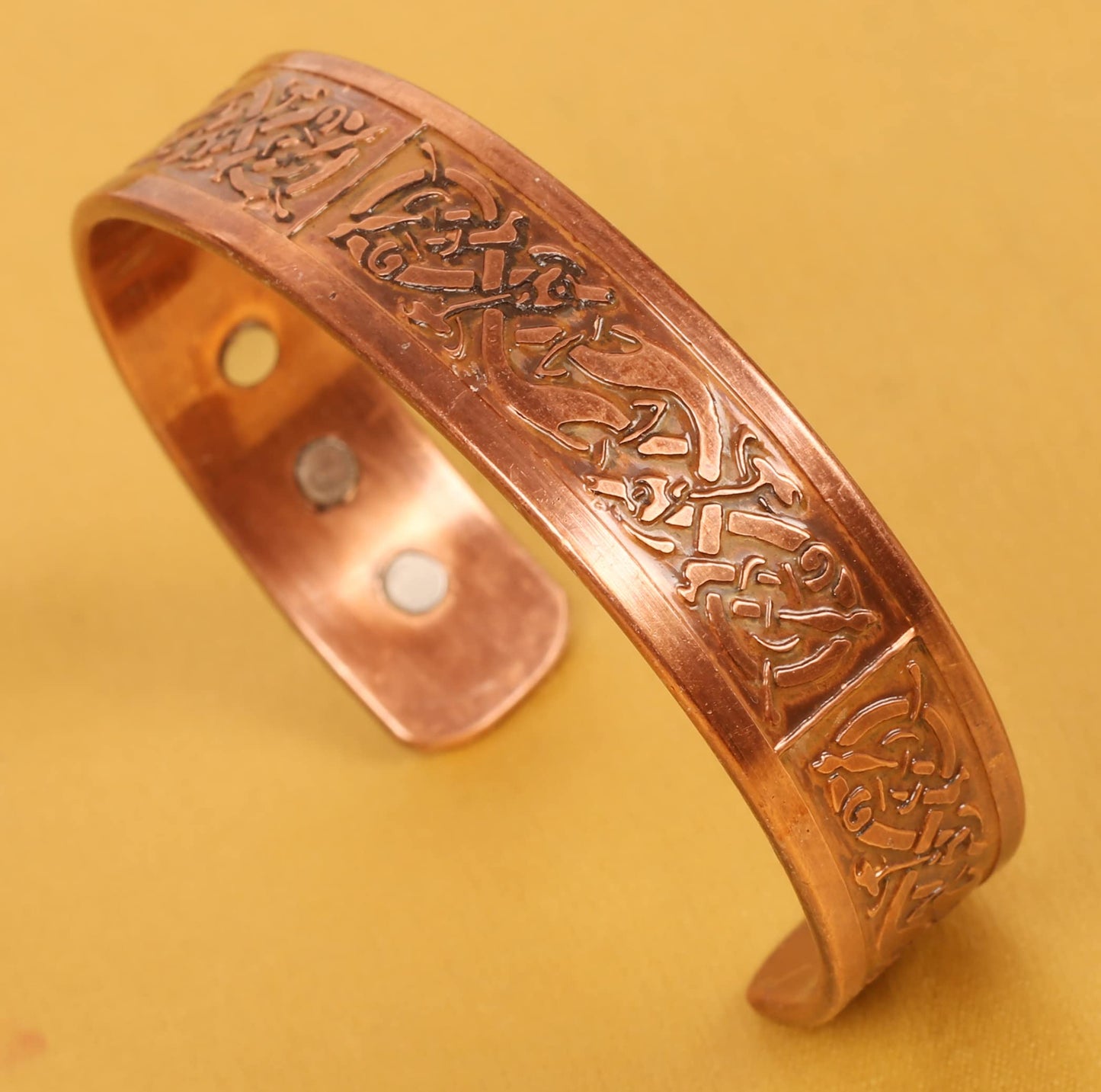 Touchstone handcrafted magnetic copper bracelet. Hand forged with solid and high gauge Tibetan style engraved cuff pure copper jewelry for women men. Exclusive Celtic Design.