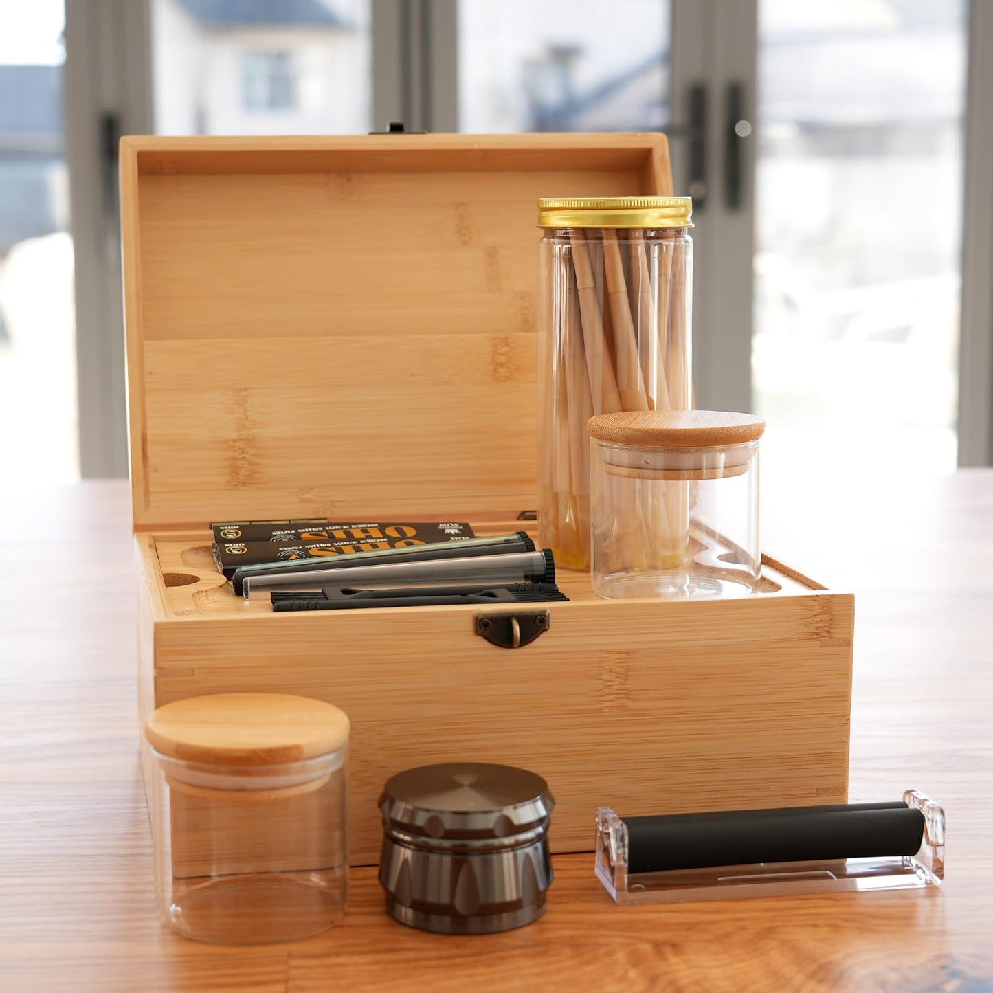 Coozyupper Large Bamboo Storage Box with Removable Tray Kit - Decorative Box Set, Glass Jars, and Accessories Wooden Storage Kit and Accessories Tool.Birthday Gifts
