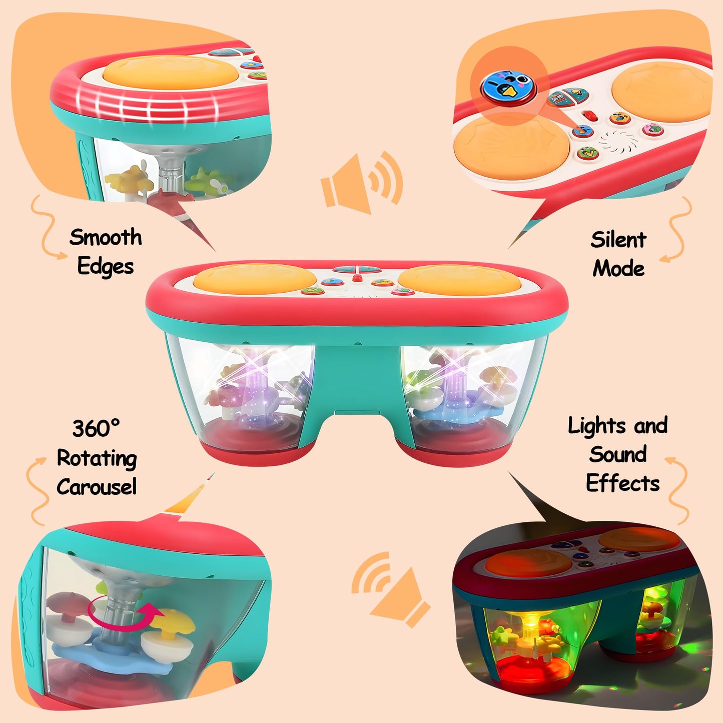 ROHSCE Baby Toys for 6-18 Months, Musical Drum, Light Up, Tummy Time, Baby Gifts