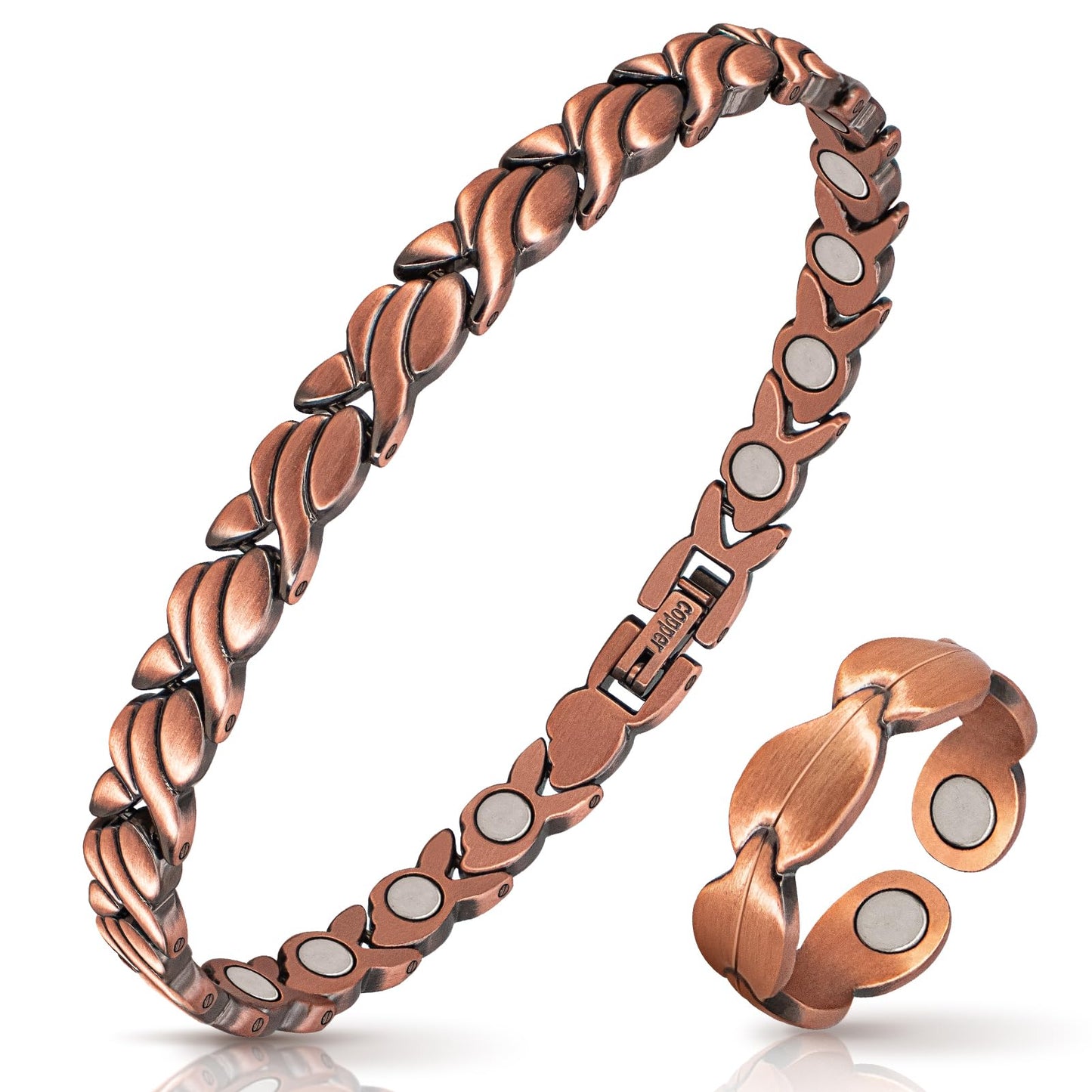 Copper Bracelets for Women Arthritis Lymph Detox Magnetic Bracelet, 100% Solid Pure Copper Bracelet with 3500 Gauss Magnets & Leaves Copper Ring with Adjustment Tool…