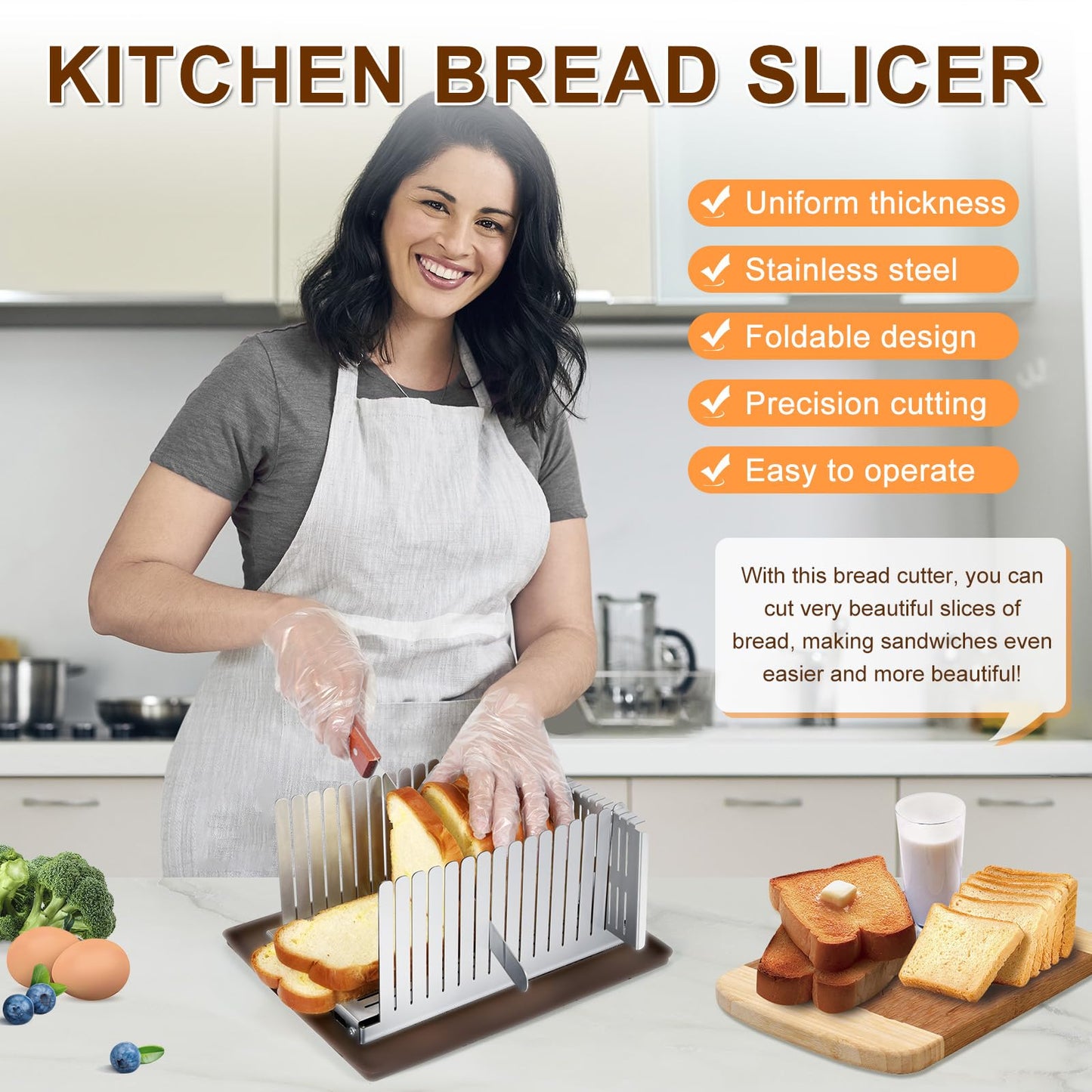 MOBBYKO Stainless steel Bread Slicer for Homemade Bread,Adjustable Width,Foldable Compact,Bread Slicing Guide,Bread Loaf Slicer,for Cakes,Bagels,slice is 0.5",Bread width: 5.5"-8.3"(Silvers)