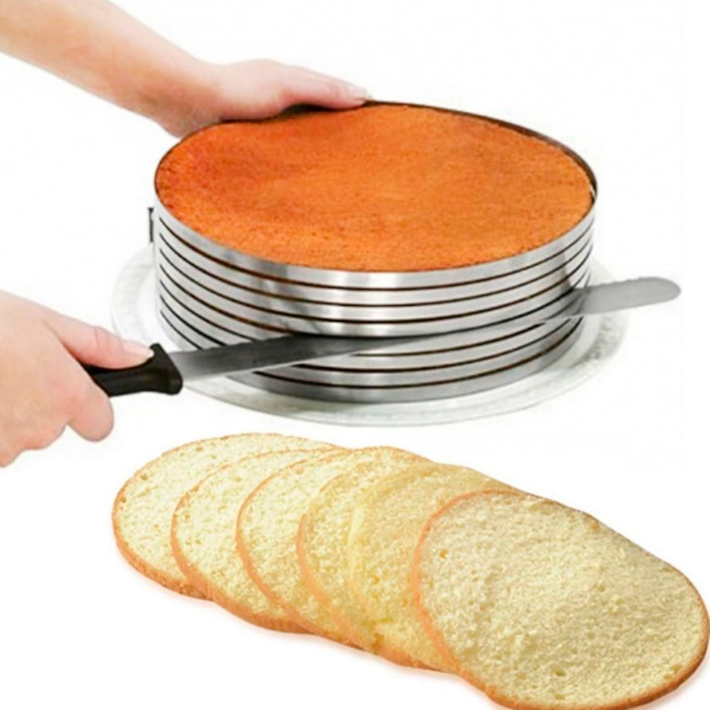 ZEONHEI 4 PCS Cake Making Supplies, 6 to 12 Inch Adjustable Cake Cutter Leveler and Stainless Steel Cake Ring Mold Set with 1 Cake Lifter and 1 Cake Cutting Knife, 7 Layer Cake Slicer Cutter