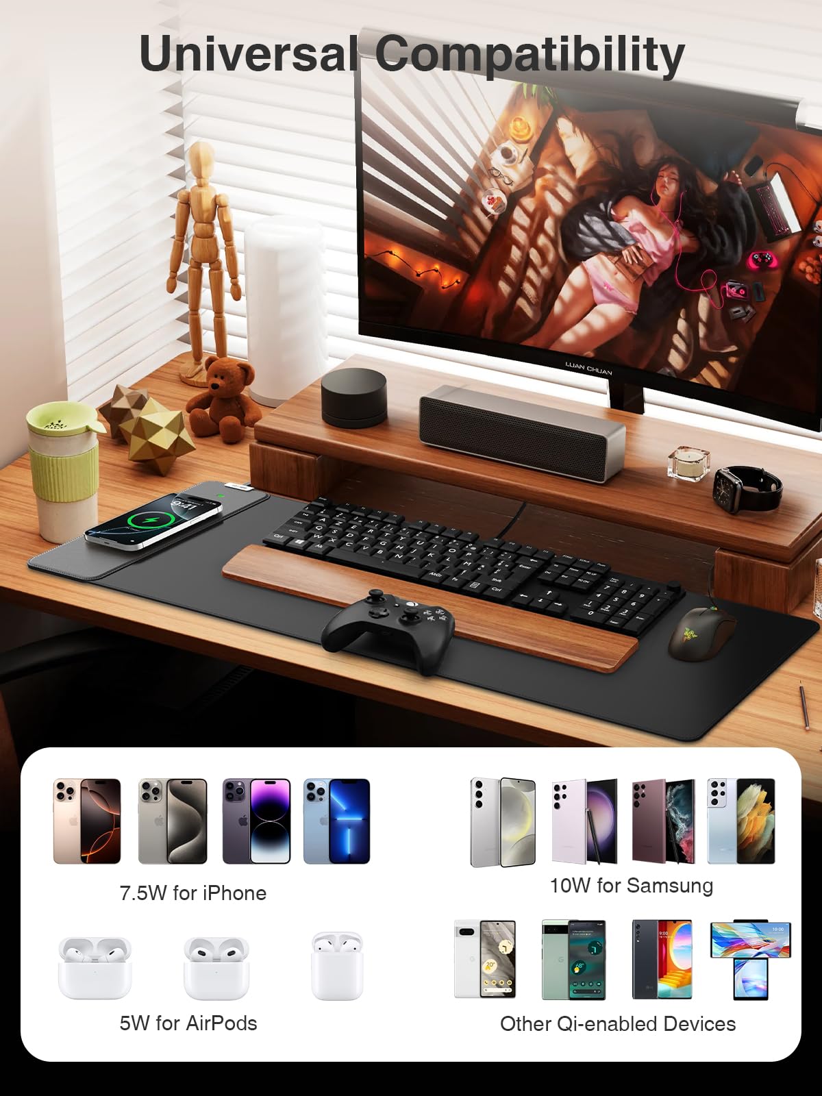 2-in-1 Mouse Pad with Magnetic Wireless Charging, 31.5"x11.8" Large, Waterproof Smooth Surface, Non-Slip Base, No Adapter, Black
