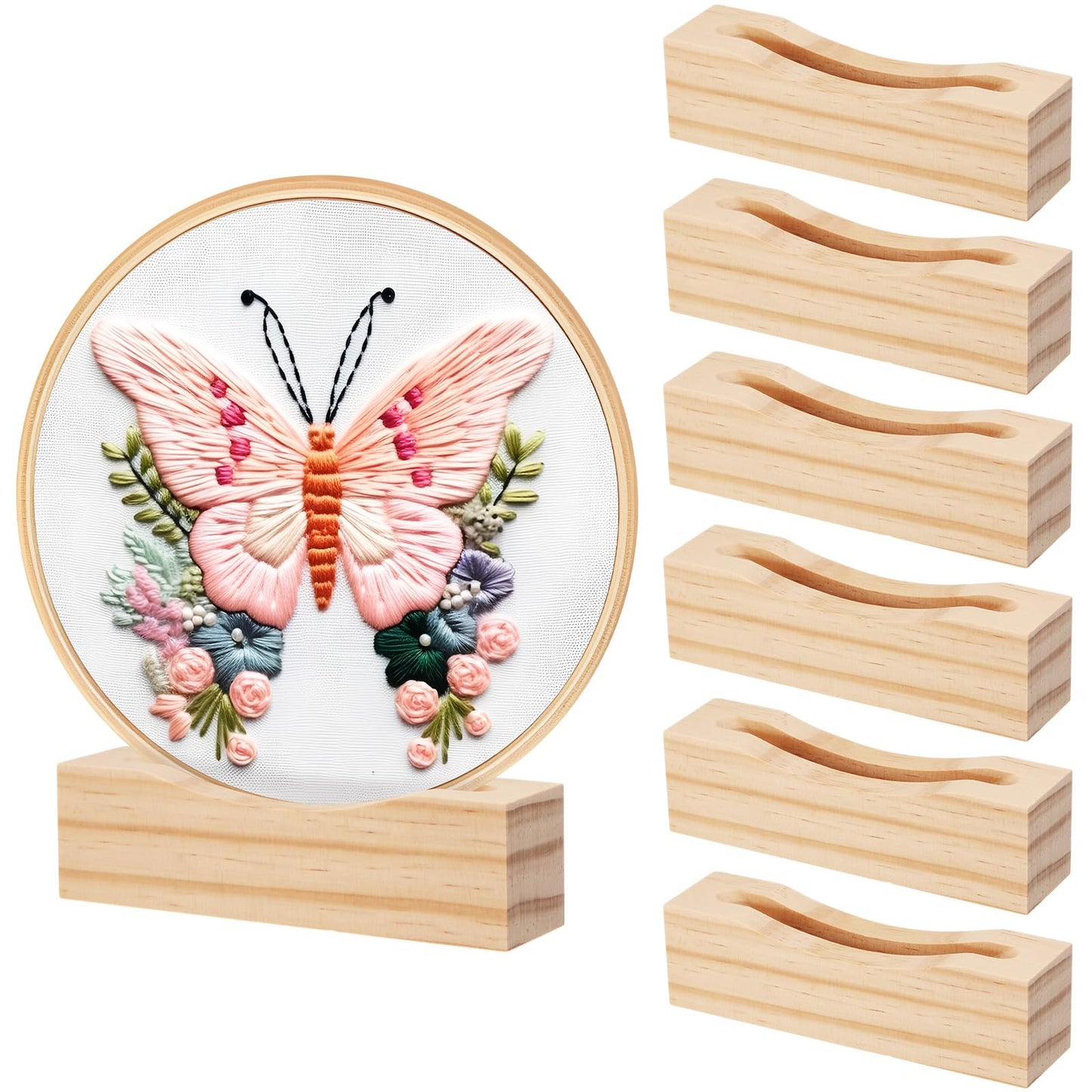 Chunful 6 Pcs Embroidery Hoop Display Stand Wooden Embroidery Frames Holder 2 Tier Groove Cross Stitch Hoop Stand Base Accessories for Display Works Home Exhibition Decor(5.31" X 1.3" X 1.5")