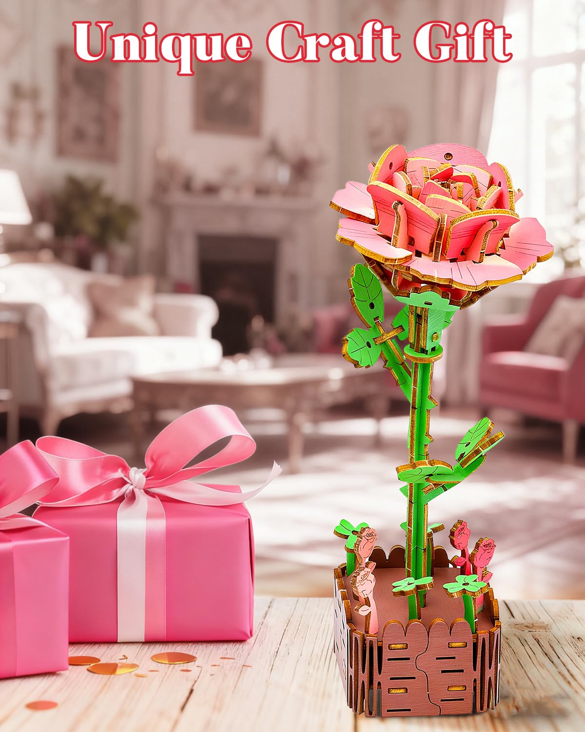 aeloer 3D Wooden Flower Puzzles for Adults - Pink Rose, DIY Model Kit Building Set, Creative Craft for Adults, Unique Botanical Home Office Decor & Relaxing Gift Idea
