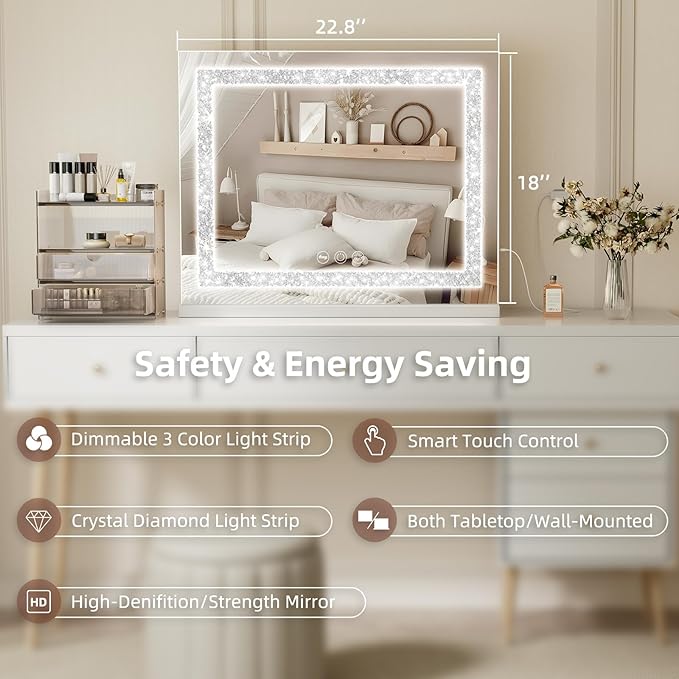 Fenair Vanity Mirror with Lights 22.8’ * 18.1’ Diamond Light Strip Makeup Mirror with Tempered Glass, 3 Color Modes Light up Mirror with USB Charging Port, 10X Magnification and Smart Touch, White
