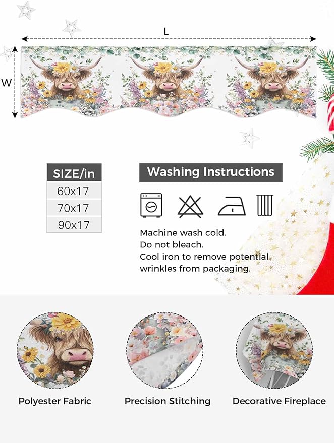 Spring Cow Floral Fireplace Mantel Scarf Table Runner, Green Eucalyptus Leaves Botanical Winter Garland Mantel Top Tablerunners Dresser Scarves Cover for Windows Party Living Room 70''x17''