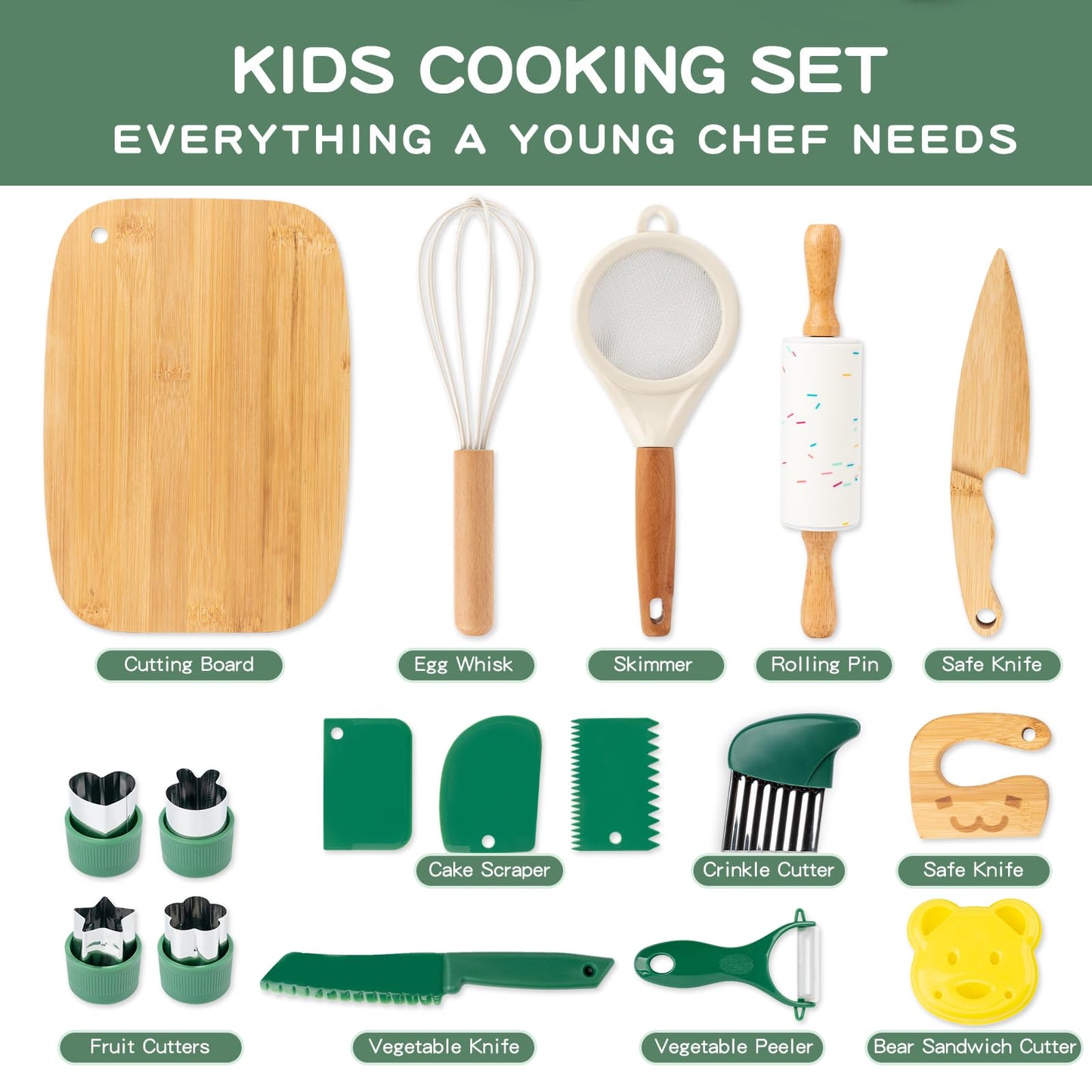 17 PCS Kids Knife Set for Real Cooking, Montessori Kitchen Tools for Toddlers, Cooking and Baking Set for Kids Little Chefs, Crinkle Cutter, Cutting Board, Safe Knife