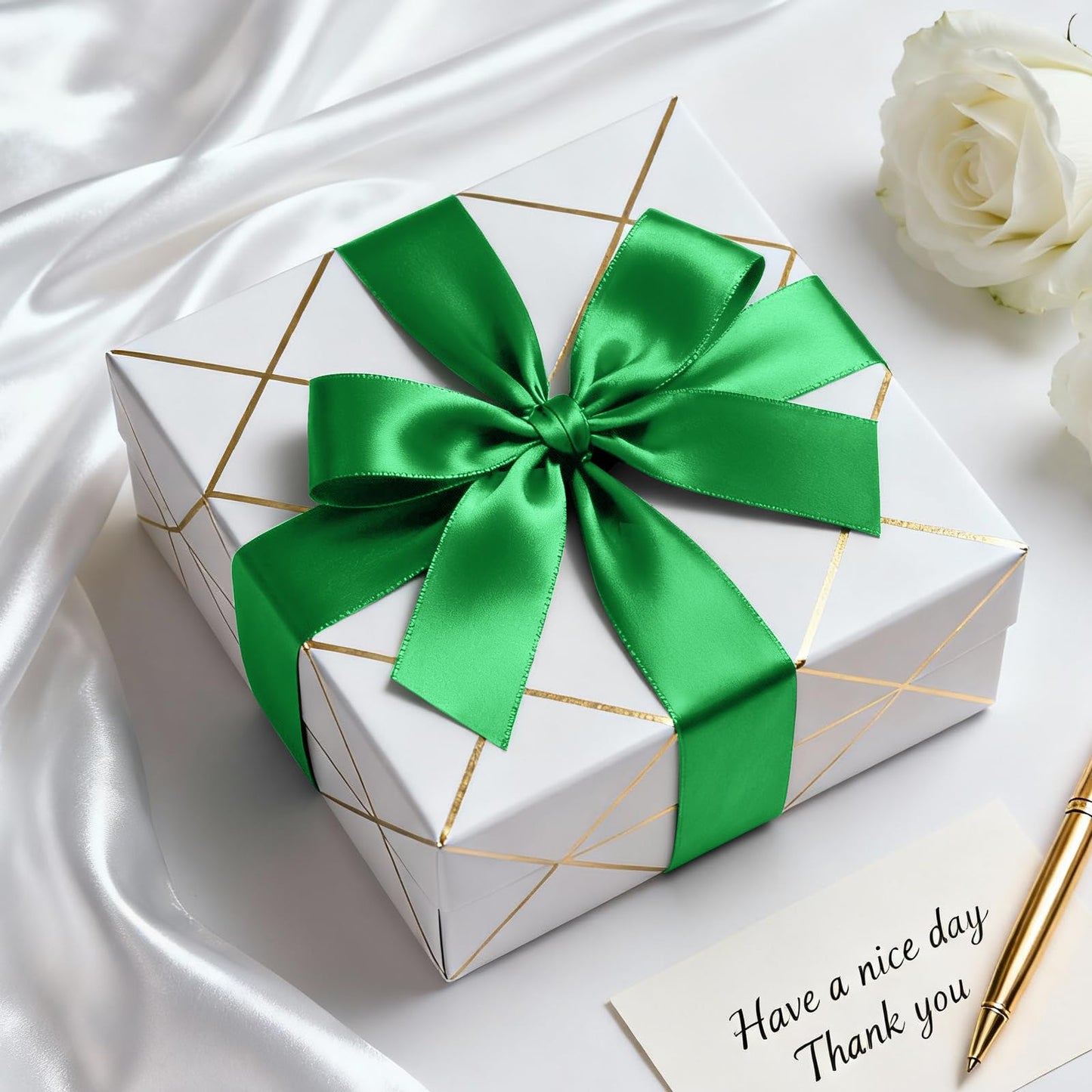 Quhora 1-1/2" x 100 Yards Satin Ribbon - Wide Silk Green Ribbon with Spool - Ideal for Gift Wrapping, Floral Bouquets, Crafts, Wedding Party Decorations, Christmas and Sewing Projects
