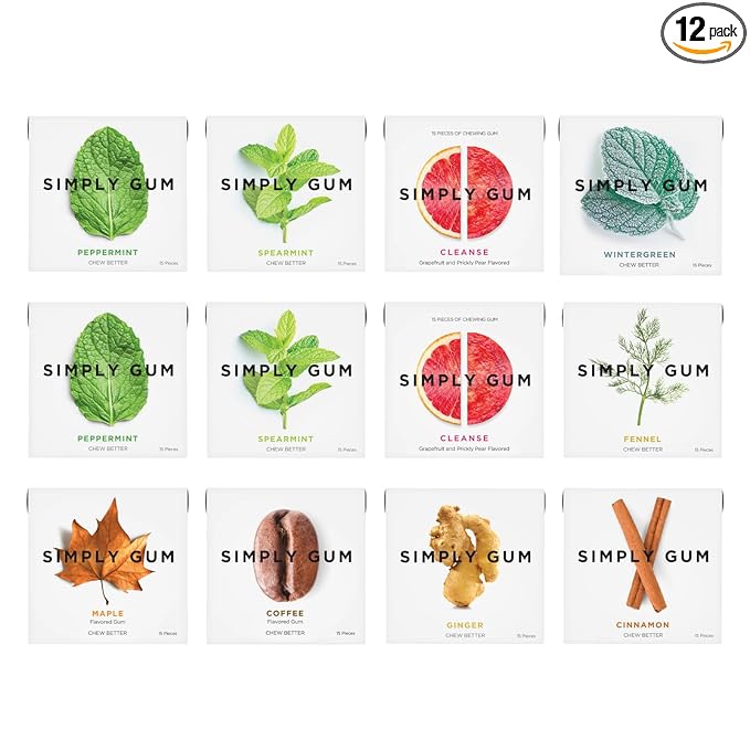 SIMPLY Gum Variety Pack (Assorted Flavors), Plastic-Free Natural Chewing Gum, 12 Pack (180 Pieces) | Vegan, Kosher, Non GMO, Aspartame Free and Sorbitol Free