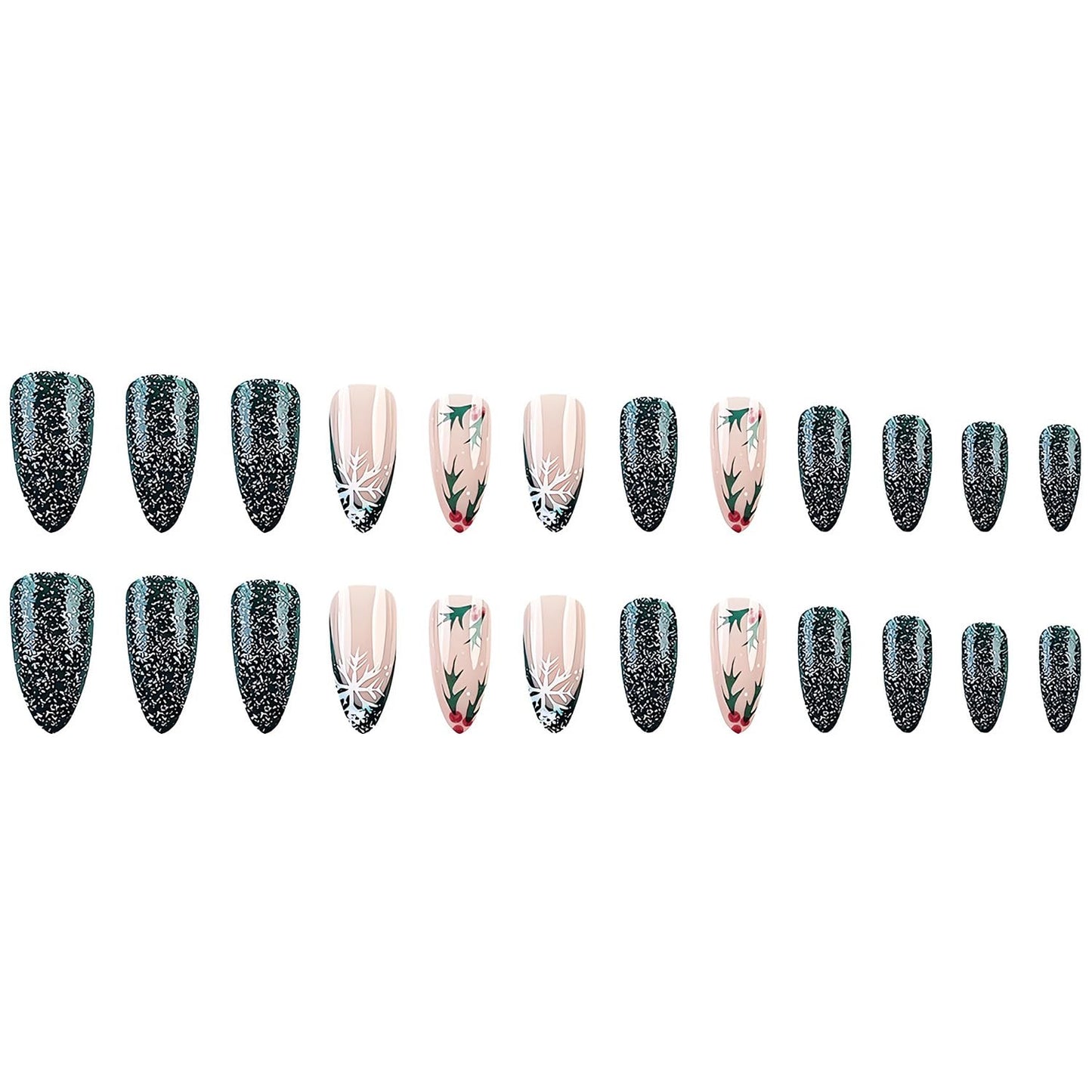 Christmas Press on Nails Almond Medium Fake Nails Green Glitter French Acrylic Nails Kit Winter False Nails with Snowflake Designs Holiday Stick on Nails Glue on Nails for Women DIY Manicure 24Pcs