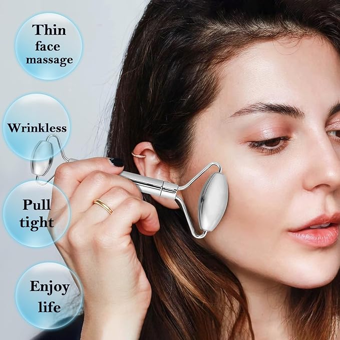 Stainless Steel Facial Roller & Gua Sha,Gua Sha Facial Tools Stainless Steel, GuaSha Tool and Face Roller Set - Metal Face Roller, Facial Tension, Sturdy