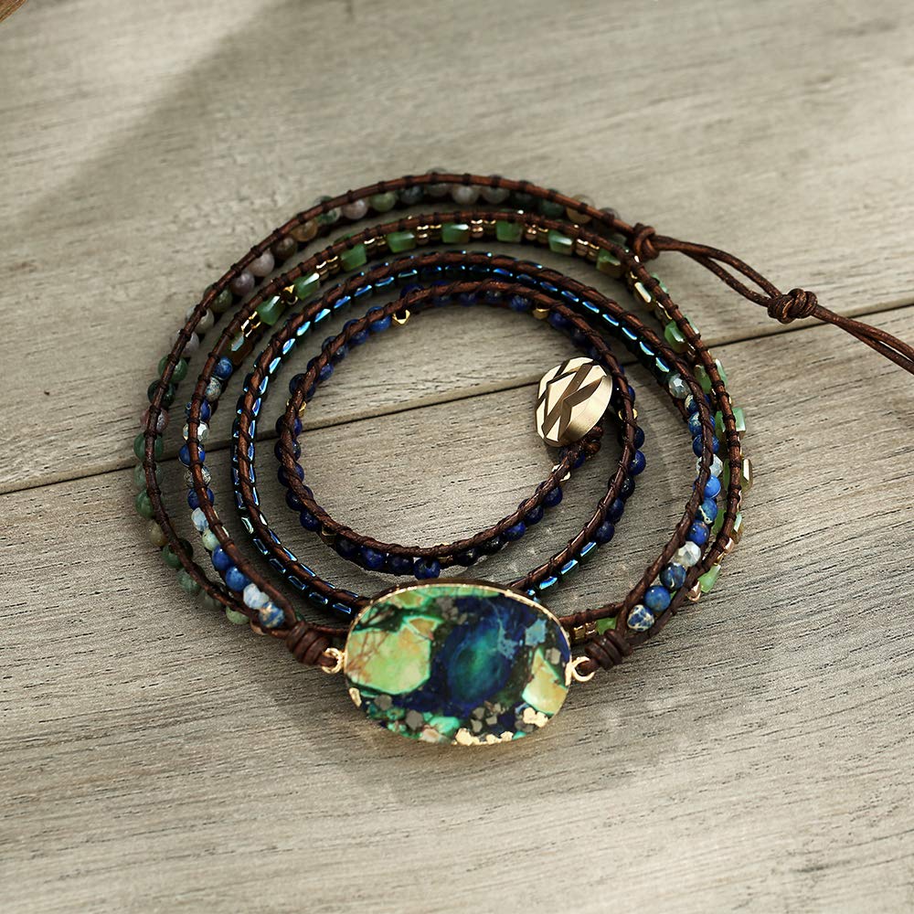 Plumiss Boho Handmade Imperial Jasper Green Blue Stone Hematite Mixed Leather Wrap Bracelets for Men Women