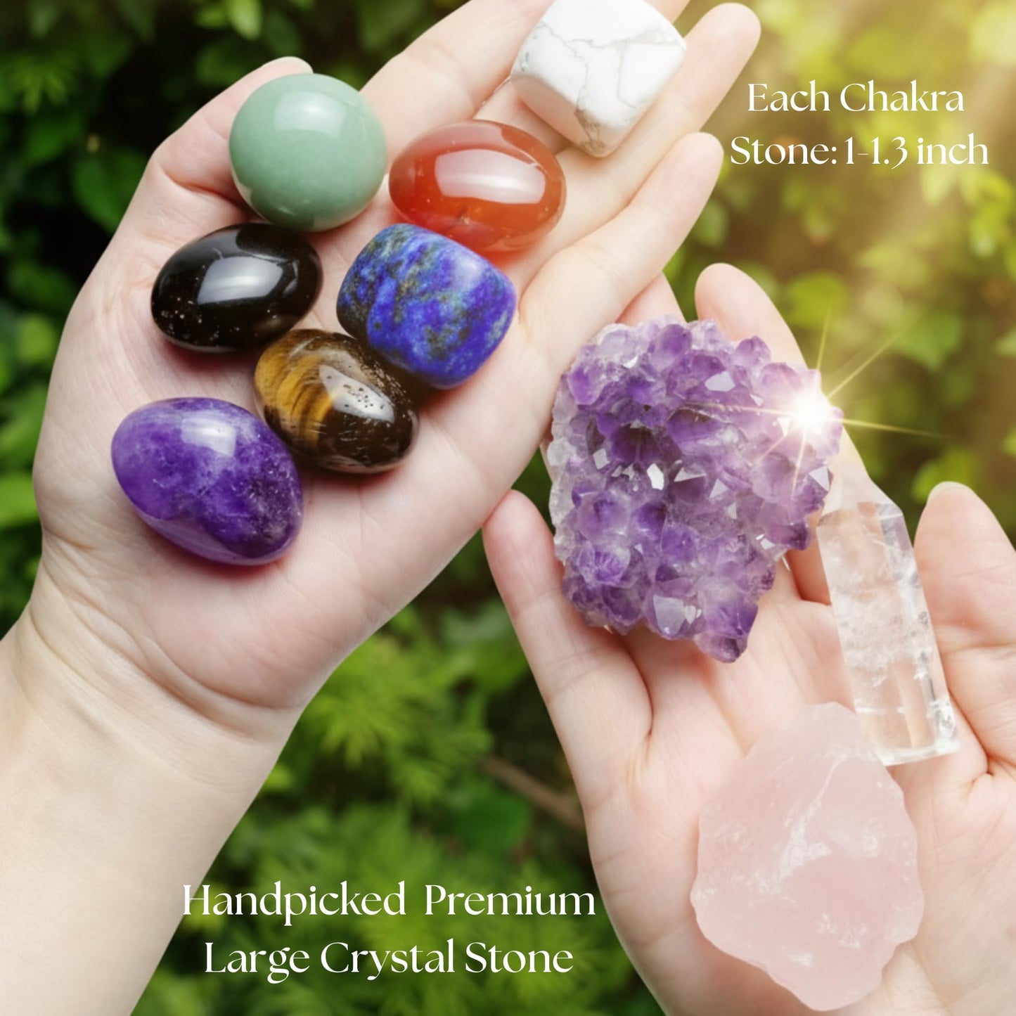 Atminafays Large Premium Crystals and Healing Stones in Wooden Gift Box + Velvet Pouch + 7 Chakra Tumbled Gemstones+Info Guide, Amethyst Cluster，Rose Quartz ，Quartz Crystal Point