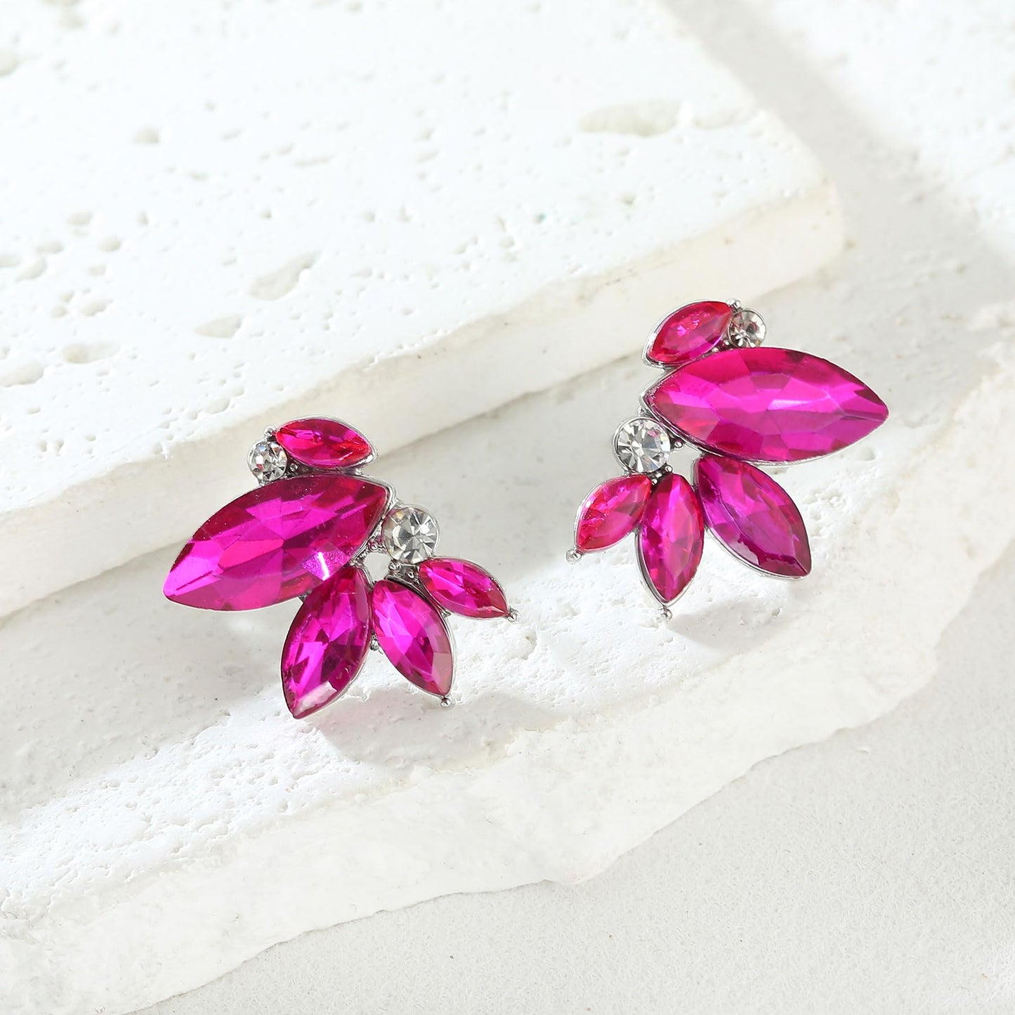 Hot Pink Earring for Women Sparkly Rhinestone Drop Earrings for Wedding Faux Crystal Earring Studs Silver-Tone