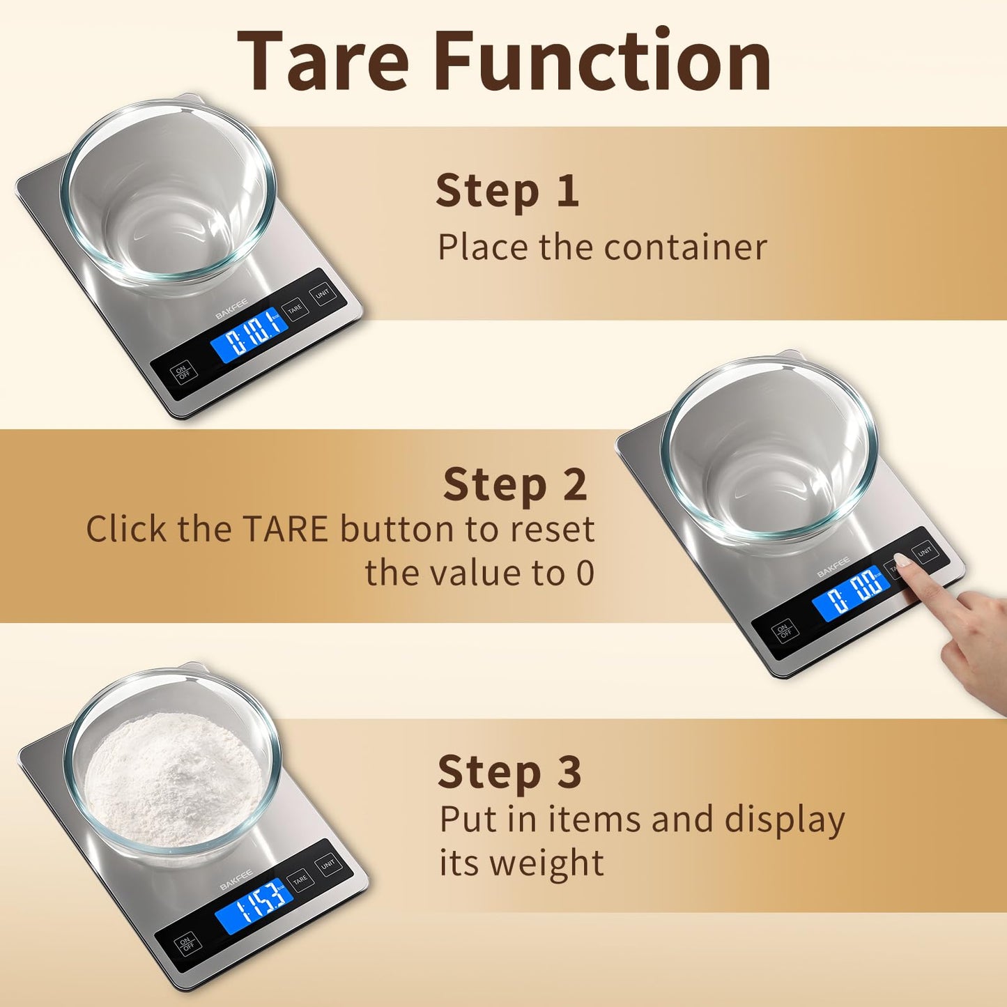 BakFee Food Scale, 33lb Digital Kitchen Scale with Stainless Steel & Tempered Glass, USB Rechargeable, 1g/0.05oz Precise Weighing, Splash-Resistant and Sturdy Surface, for Cooking, Baking, Weight Loss