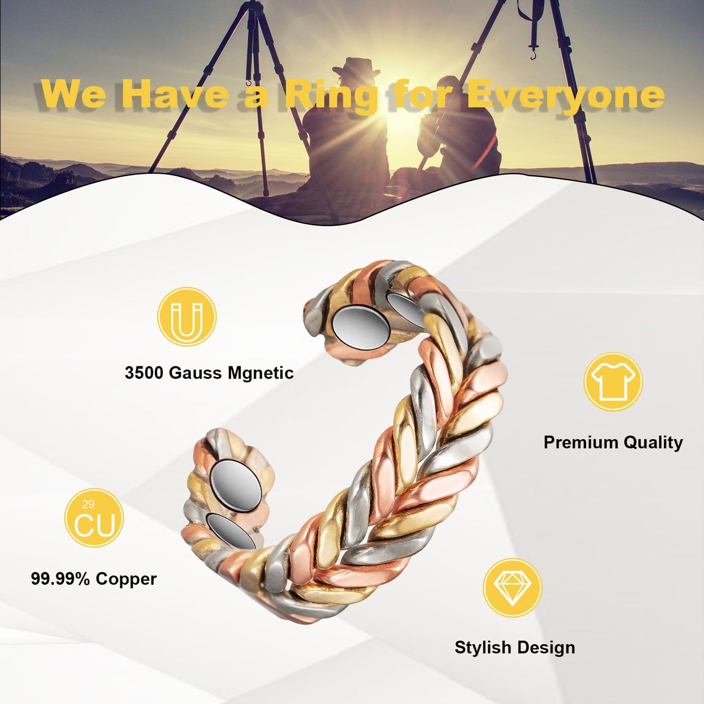 EnerMagiX Copper Rings for Women, Pure Copper Tricolour Gold Adjustable Ring, Fashion Jewelry（2040）