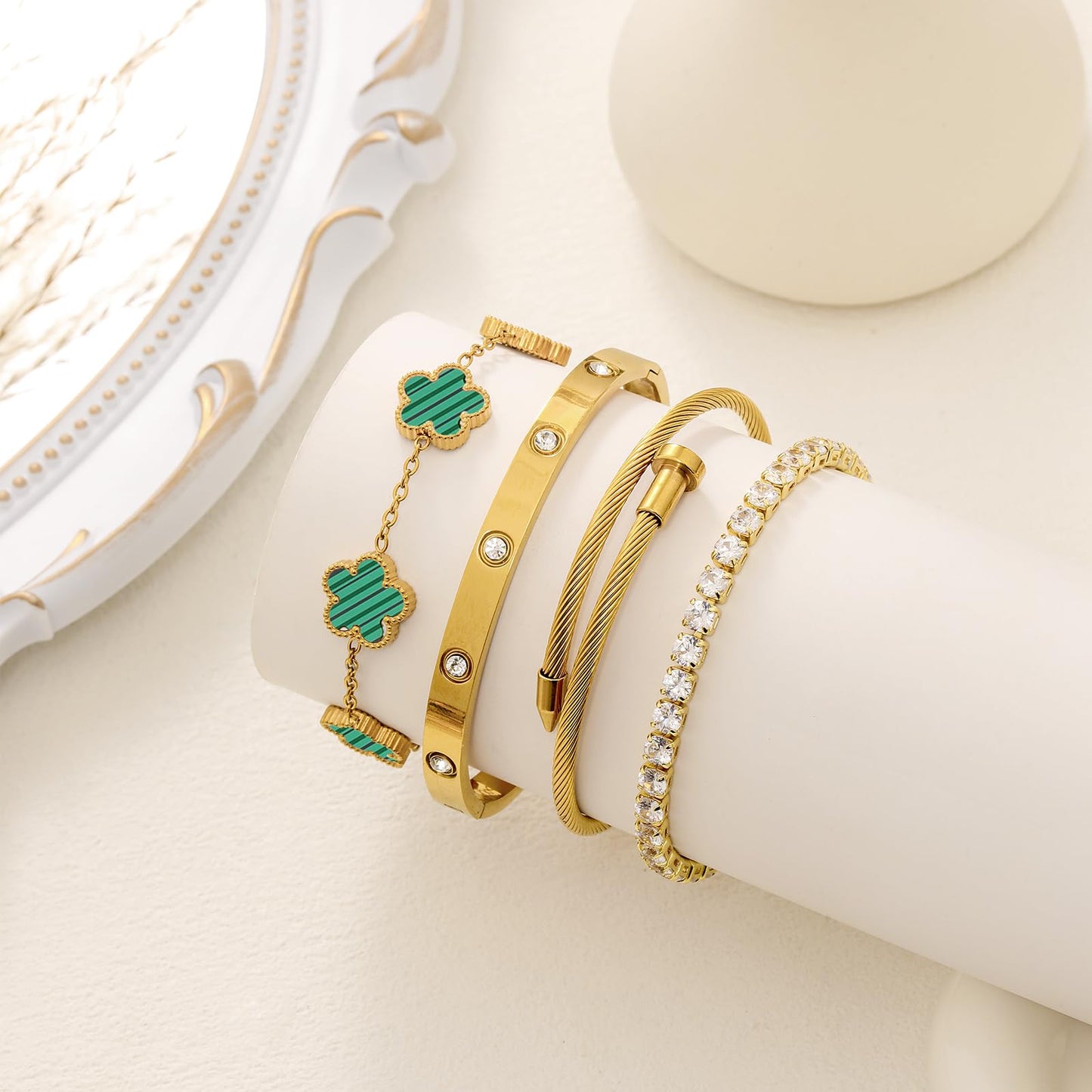 MEIERYA 18K Gold Plated Womens Stackable Floral Bracelets Set,Twisted Cable Bangle,Trendy Jewelry,Waterproof adjustable bracelet,Christmas Birthday Gifts for Girlfriend or Mother. (03-Color-green)