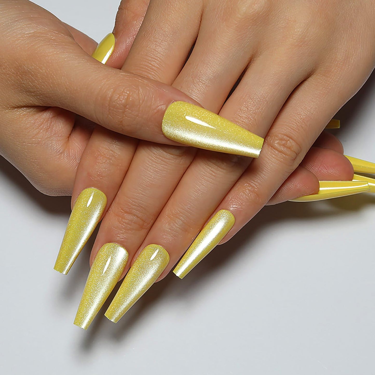 Handmade Press on Nails - Lemon Yellow Fake Nails | Velvet Effect Design Summer Nails | Glossy,Glitter,Gradient Color,Reusable Long Acrylic Nails | 12 Sizes - 24 Nail Kit with Jelly Glue