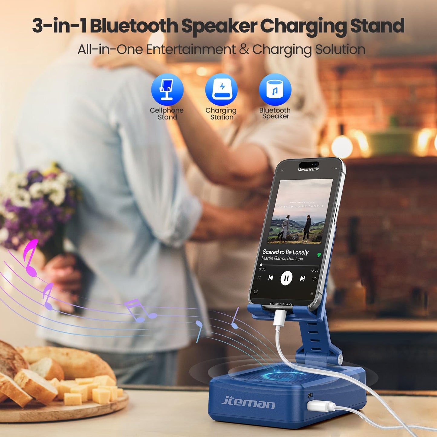 JTEMAN Cell Phone Stand with Bluetooth Speaker,HD Sound Adjustable Phone Holder,Birthday Gifts for Men Women, Cool Tech Kitchen Gadgets for Most Phones and Tablets-Blue