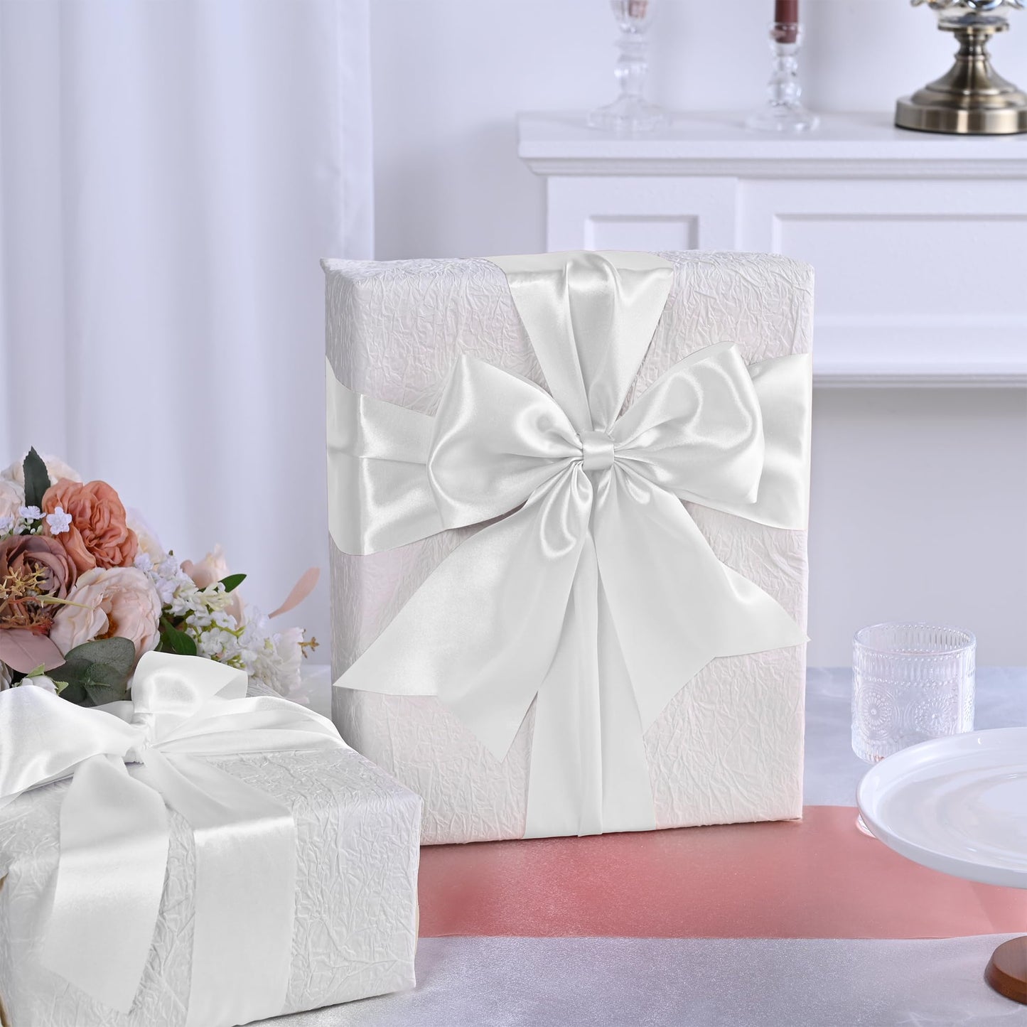 BVIEAKD Wide White Satin Ribbon 4 Inch x 50 Continuous Yards Solid Fabric Ribbon for Cutting Ceremony kit Grand Opening Wedding Birthday Party Decoration Bows Chair sash