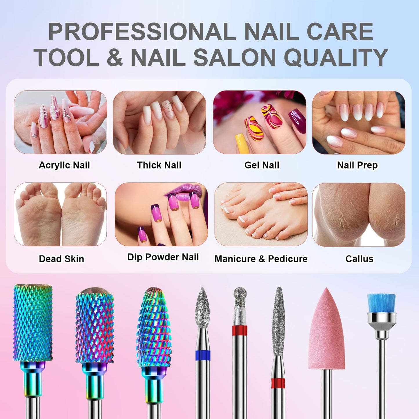 Cnynail 3/32'' Nail Drill Bits Set – 8pcs Tungsten Carbide & Diamond Bits for Acrylic, Gel & Cuticle Removal – Professional Electric Nail File Kit for Manicure, Pedicure – Home & Salon Use