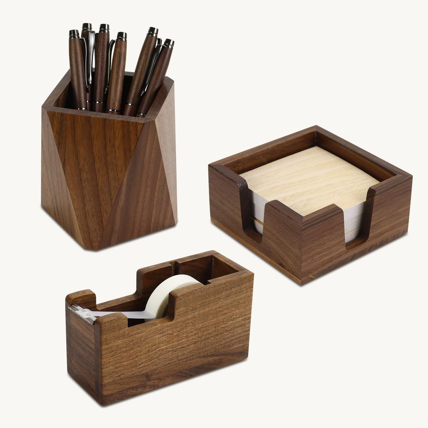 Buqoo Walnut Wood Sticky Note Holder and Tape Dispenser, Rhombic Pen Holder Desk Accessories for School N Home Office