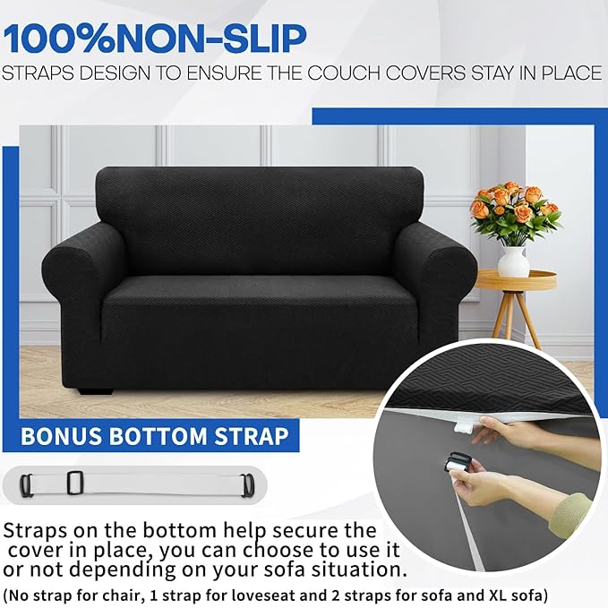 XINEAGE 2026 New 1 Piece Couch Covers for 2 Cushion (55"-69") Stretch Loveseat Sofa Cover Slipcover Jacquard Universal Furniture Protector with Elastic Bottom for Kids,Dog (Loveseat, Black)