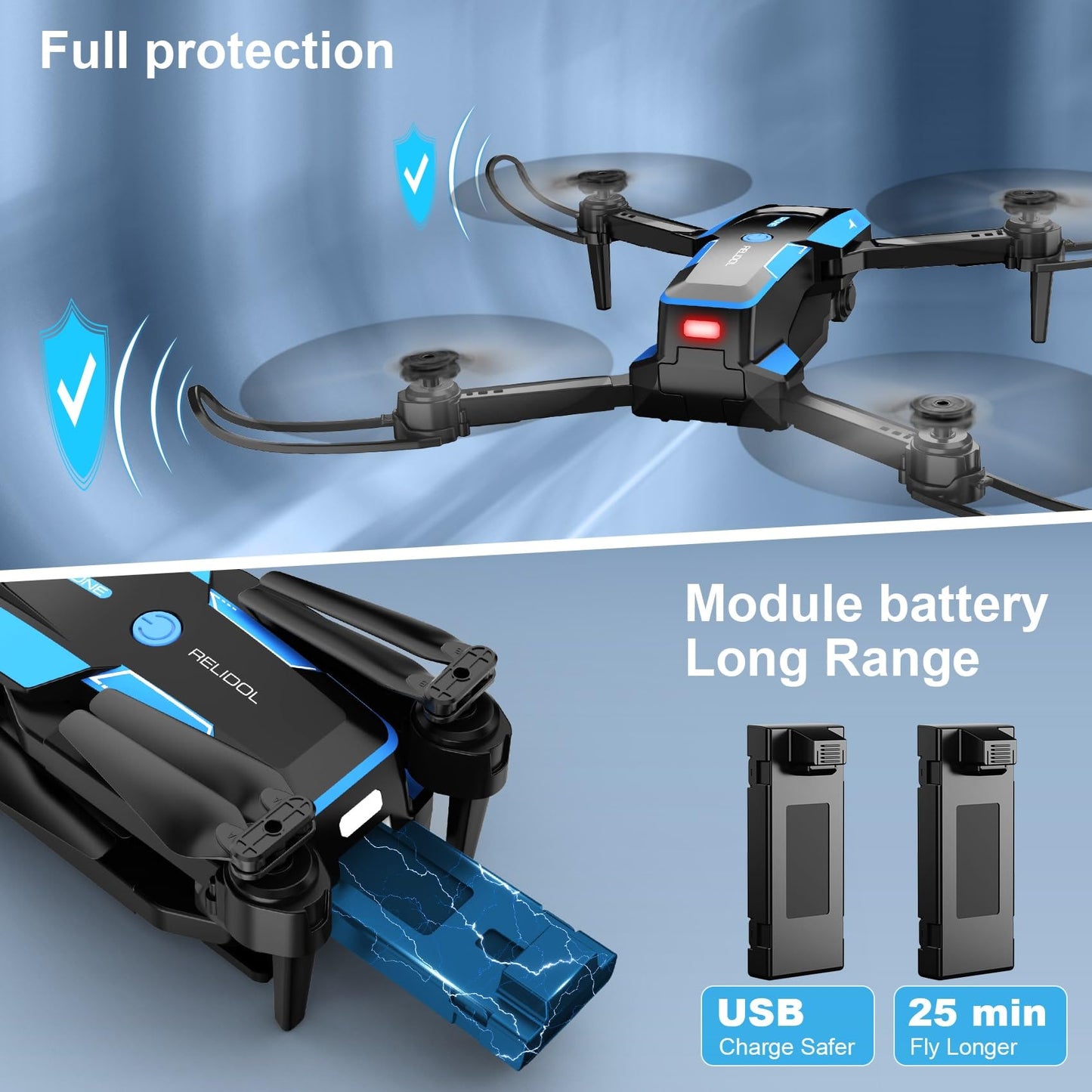 Drone with 1080P Camera - Foldable Remote Control Quadcopter with Gesture Control, 3D Flip, One Key Start, Emergency Stop, 2 Batteries, Easier to use, Toy for Adult Beginners, Black&Blue