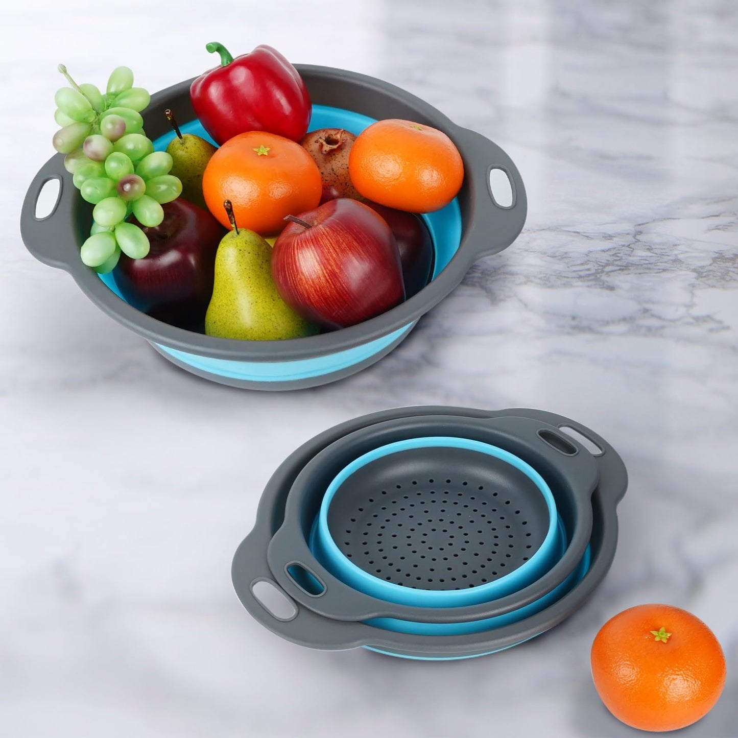 Cluren Collapsible Colander 3-Pack Set Space-Saving Foldable Kitchen Strainer with Non-Slip Base Durable Thickened PP+TPE Collapsible Strainers for Pasta, Vegetables, Fruits (Gray-Blue)