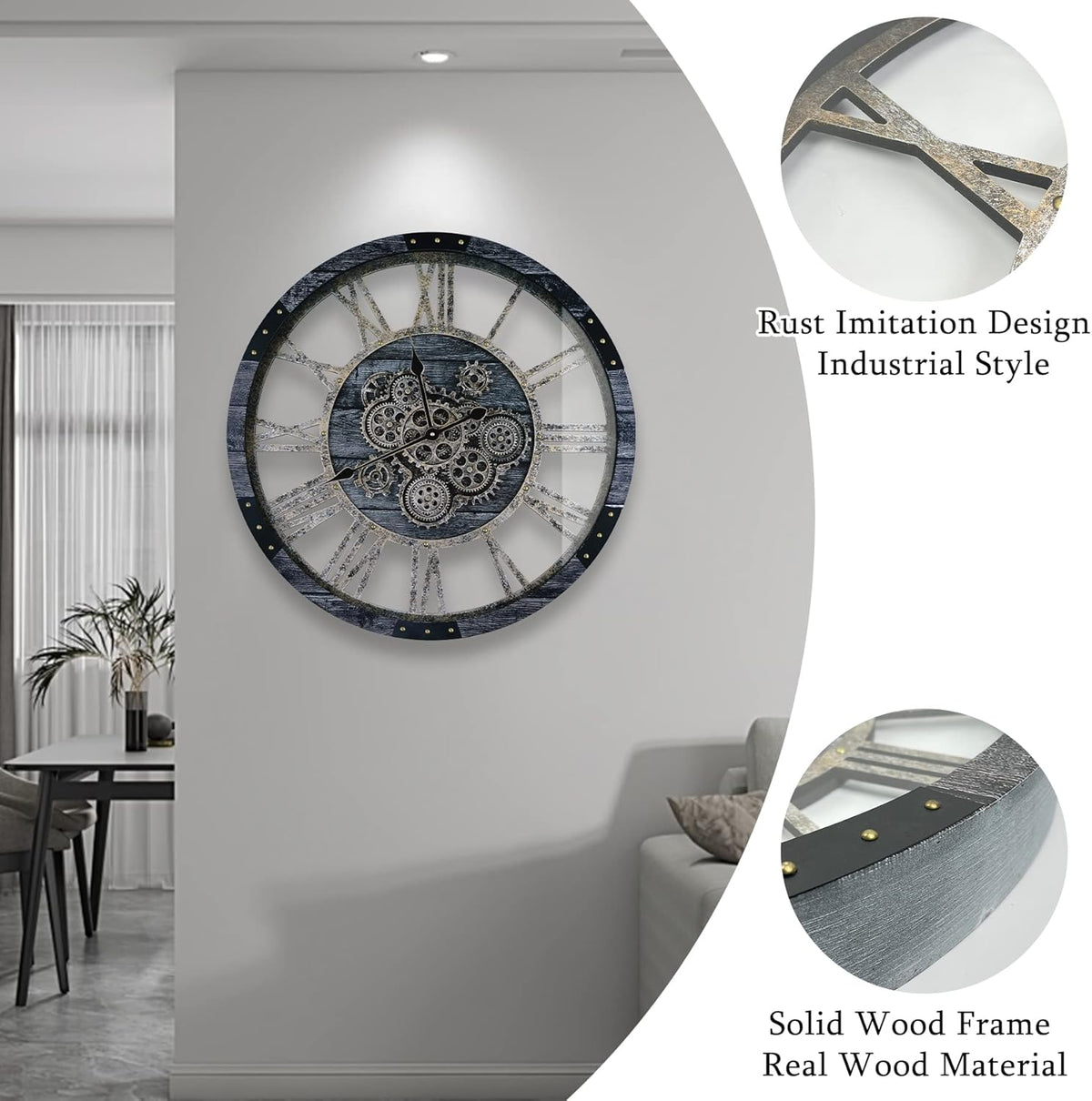 36 Inch Moving Gear Wall Clock, Oversized Wall Clocks, Clock Living Room Decor, Solid Wood Frame, Battery Operated, Large Wall Clock with Steampunk Industrial for Fireplace(Gray)