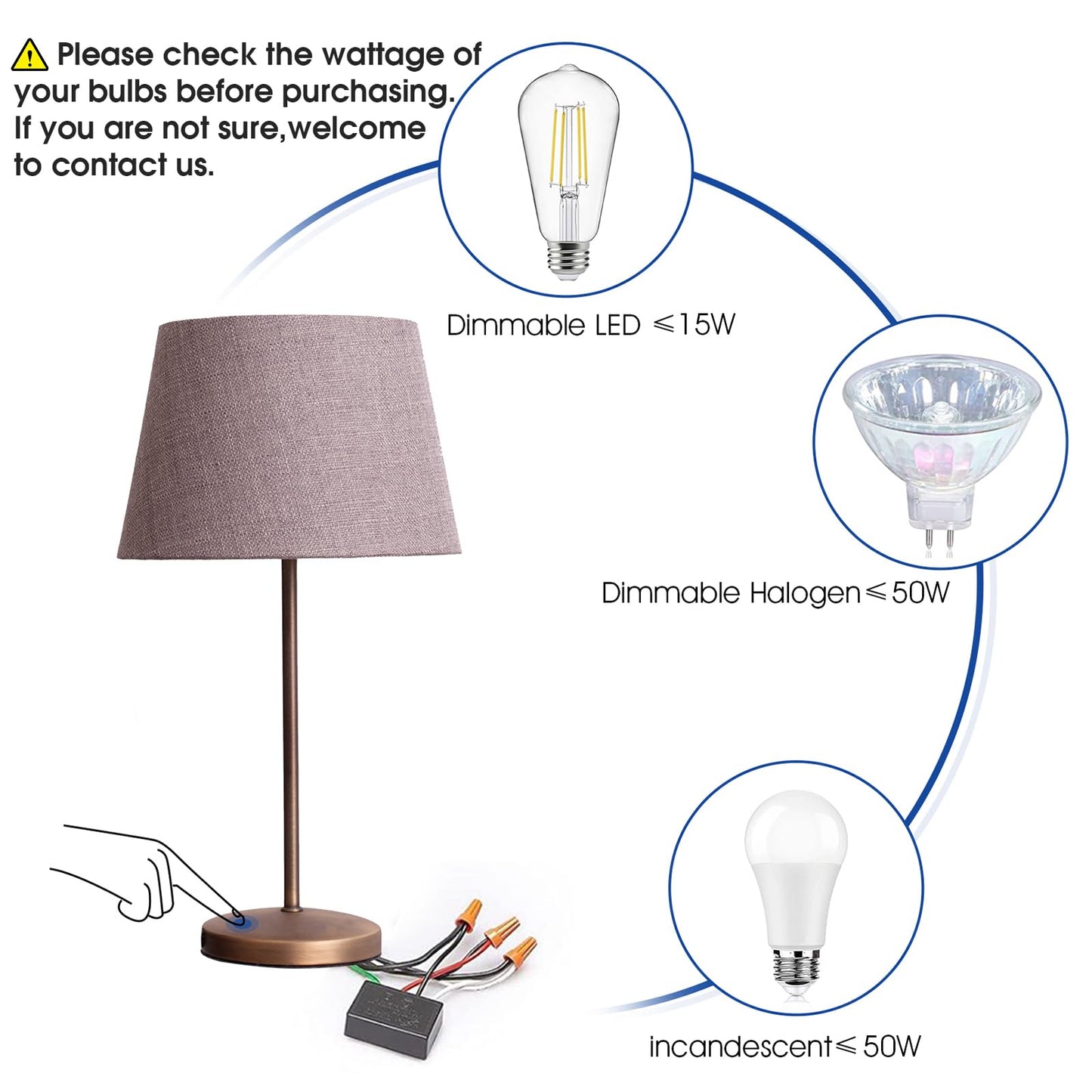 Zeifun Touch Lamp Switch 2 Pack, Touch Lamp Control Module for Dimmable LED, Incandescent, Halogen Bulbs, Lamp Switch Replacement Kit, Touch Dimmer Sensor with 3 Levels Brightness and Wiring Caps