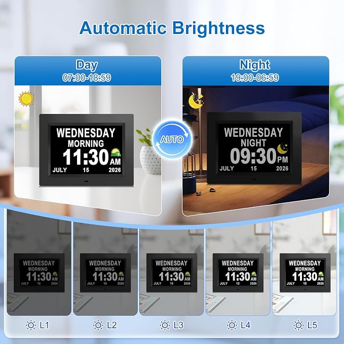 SSINI Dementia Clock Large Digital Calendar for Seniors with Date and Time - Elderly Digital Clock Large Display, 12 Custom Alarms (8 Inch)