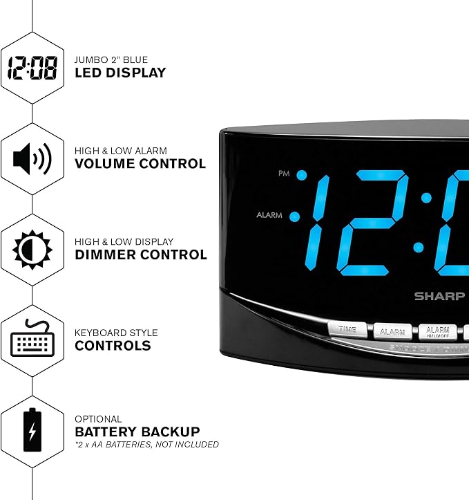 Sharp Easy to See Alarm Clock with Jumbo 2” Numbers - Bright Blue LED Display - Easy Set-up & Simple to Use –See from Across the Room! - High/Low Alarm Volume (Pack of 2)