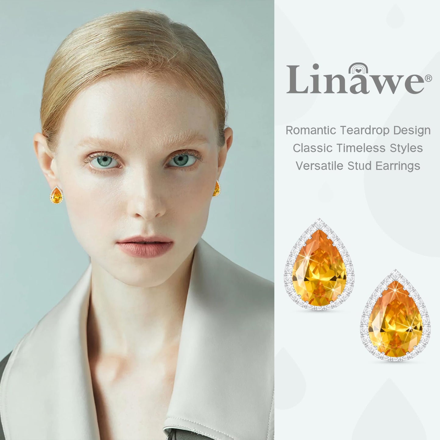 Linawe Yellow Orange Imitation Diamond Stud Earrings, Silver Citrine Cubic Zirconia Teardrop Rhinestone Crystal Earrings Studs, Wedding Earring Set White Gold Piercing Jewelry