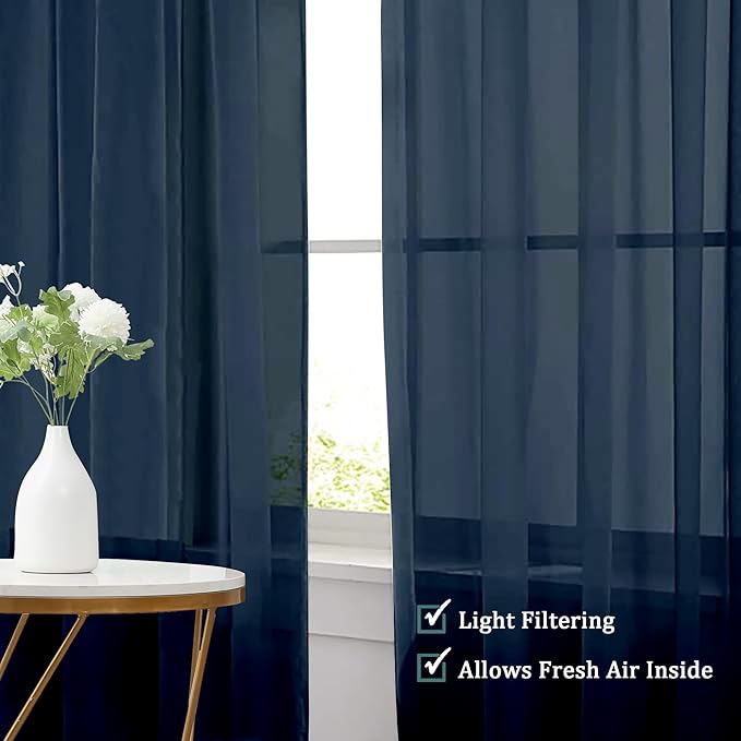 Chyhomenyc Navy Blue Sheer Valances for Windows - Light Filtering Small Kitchen Curtains, Rod Pocket Short Top Window Treatment Decor for Living Room Bathroom Basement, 42Wx16L inches, 2 Panels