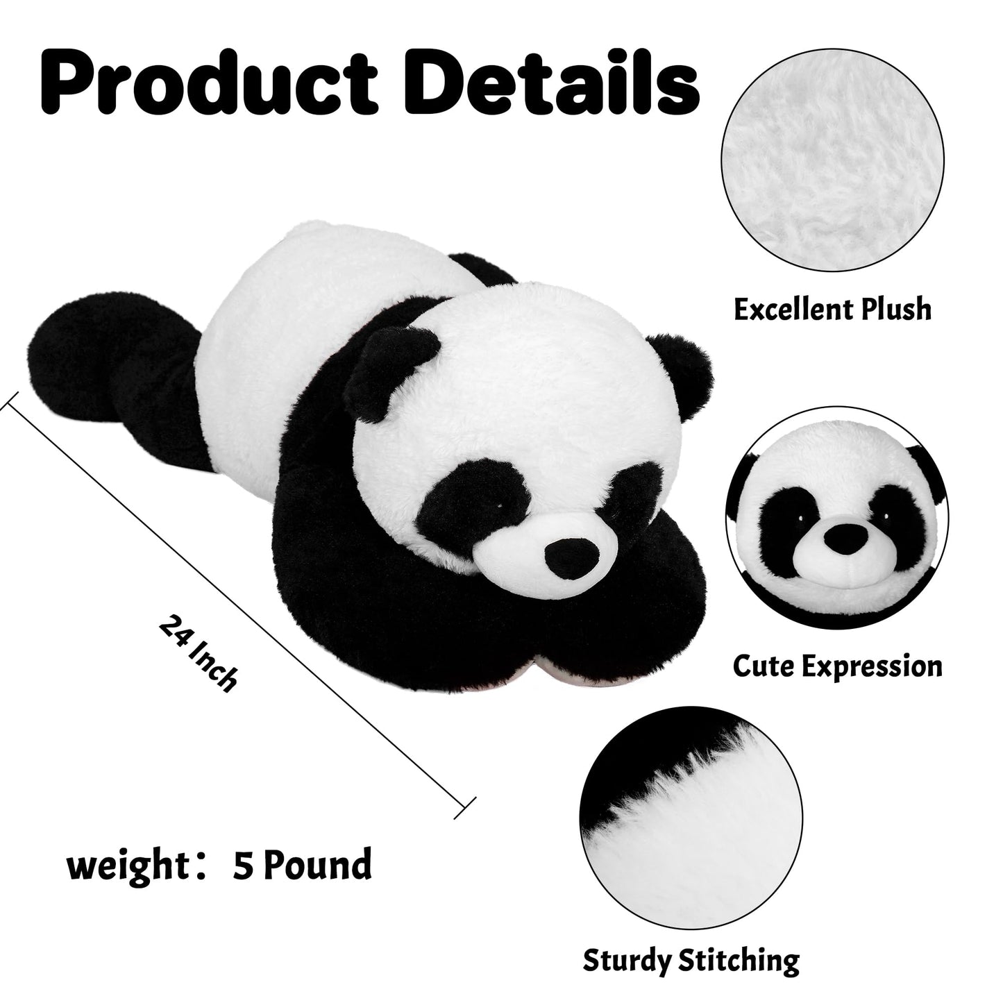 Wepop 5lb Weighted Stuffed Animals, 24in Big Panda Plush, Cute Soft Plushie Pillows for Adults Boys Girls