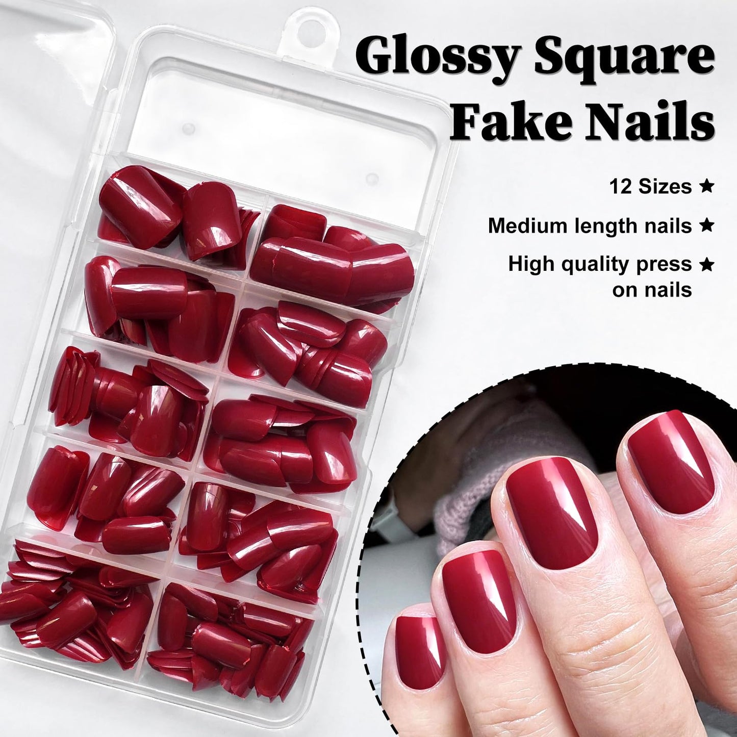 LuckForever Short Press on Nails 240pc Glossy Red Press on Nails Short Square Fake Nails Full Cover Round Fingernails Tips 10 Sheet Nail Glue Adhesive Tabs, Wooden Sticks Files Tools for Women Girls