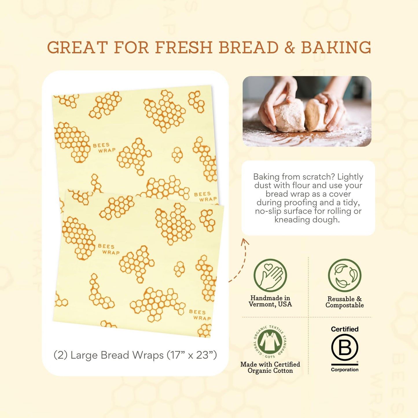 Bee's Wrap Beeswax Wraps for Bread - 2 Pack Beeswax Bread Wrap for Sourdough & Bread Storage - Plastic Free Made in USA Reusable Natural Food Wrap - & Honeycomb