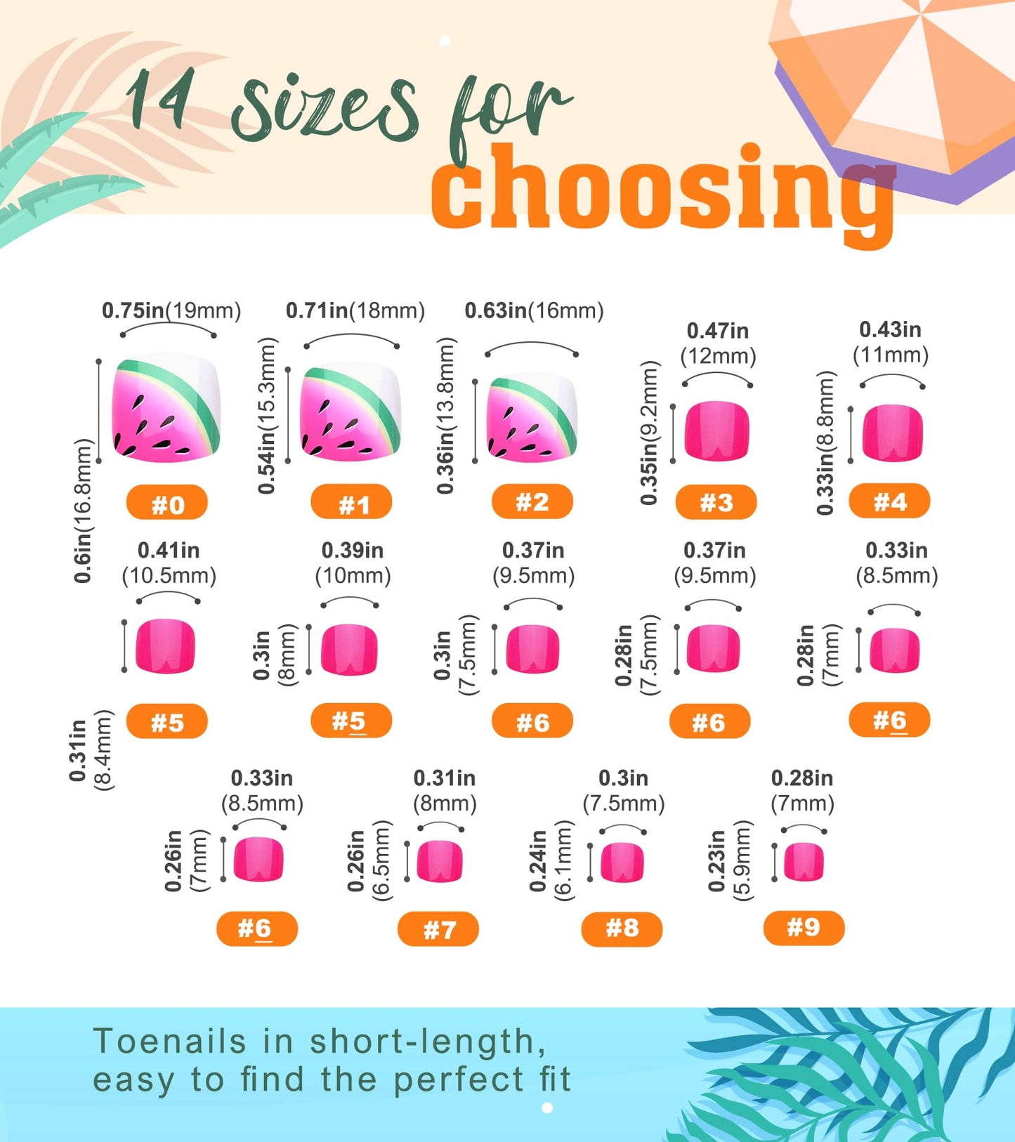 Aegenacess 28pcs Toenail Press on Summer Fake Toe Nails Press ons False Nail Tips Beach Short Pedicure Kit for Women (Summer Watermelon)