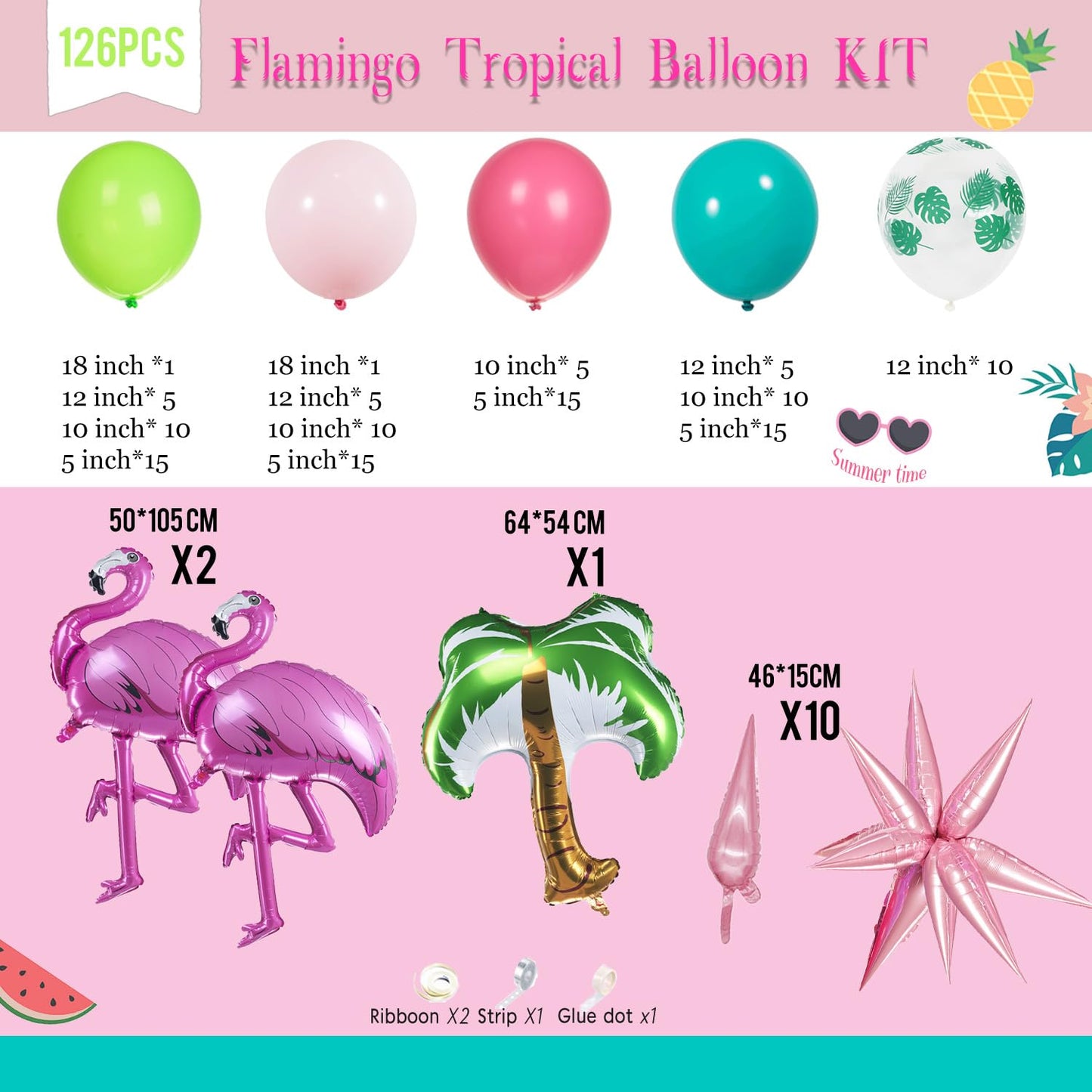 Tropical Luau Balloon Arch Kit - 126Pcs Flamingo Party Decorations with Teal Blue Pink Green Balloons, Palm Print & Pineapple Foil Balloons - Perfect for Hawaiian Aloha Summer Beach Birthday Party