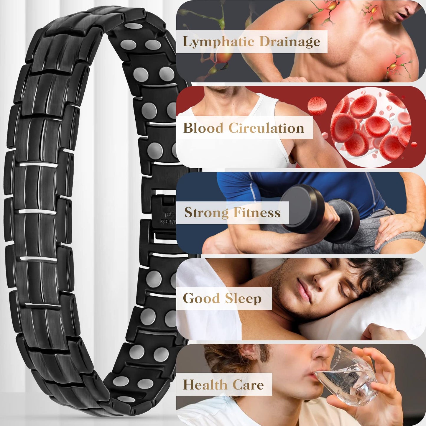 Mahnco Magnetic Bracelets for Men Ultra Titanium Steel Magnetic Bracelet with Double Row Magnets Mens Bracele Adjustable Length with Remove Tool (Black Classic)