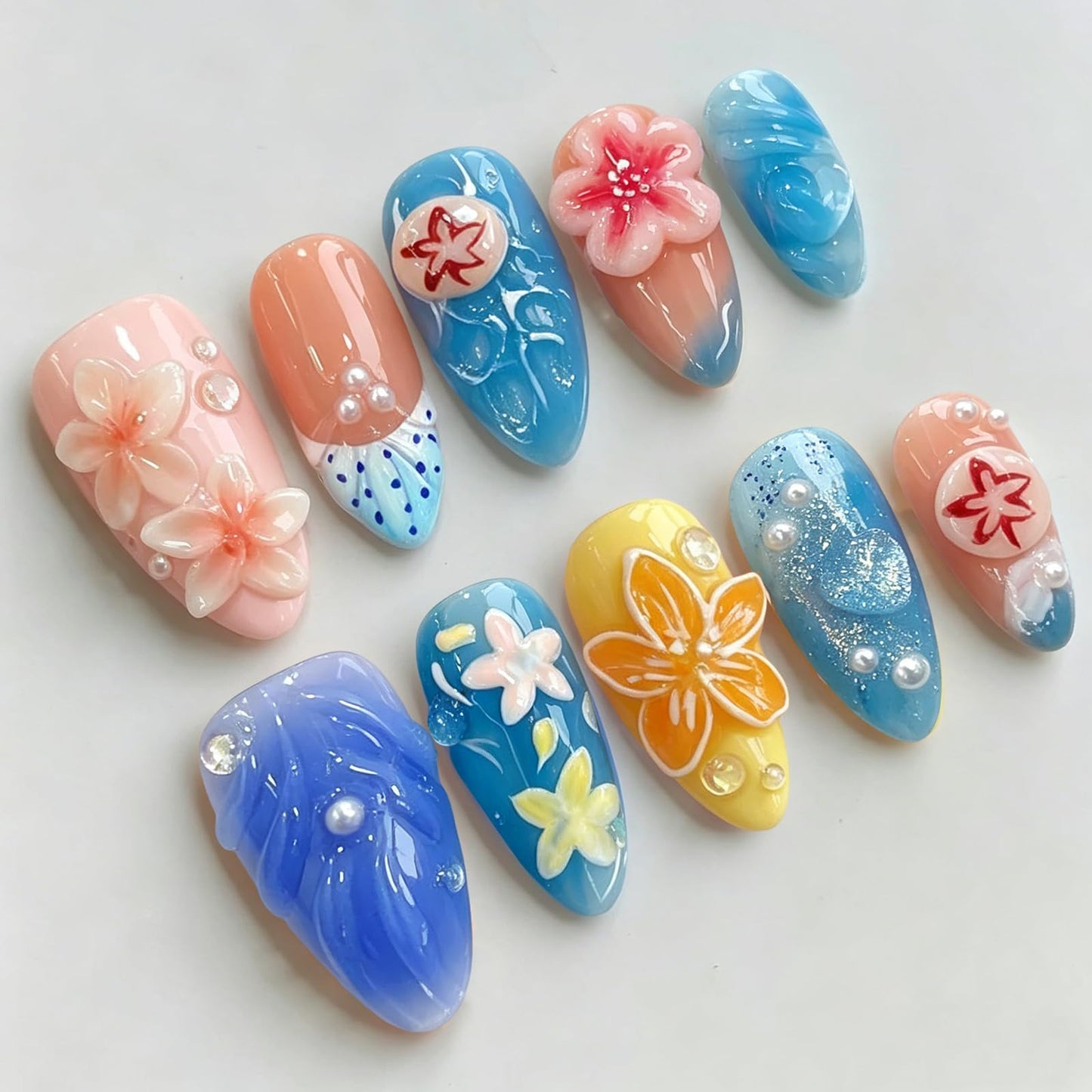 Luxury Press on Nails Medium Almond Handmade 3D Unique Reusable ABS Material Fake Nails Pink&Blue False Nails with Designs Flower Pearls Art Petal Glossy Glue on Thick Acrylic Nails(M)