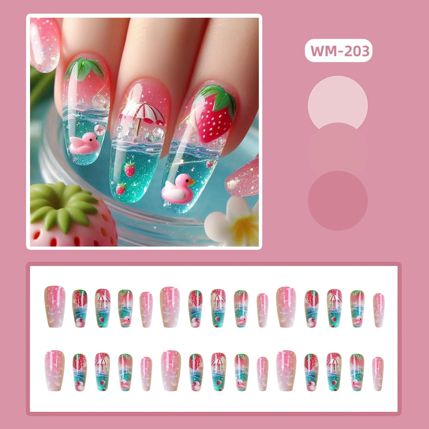 Press on Nails Long Ballet Shaped Strawberry Cute Duck Pattern Design Pink Acrylic Fake Nail Full Cover Glossy Artificial Stick on Nails Summer Artificial Fingernails DIY Glue on Nails for Women
