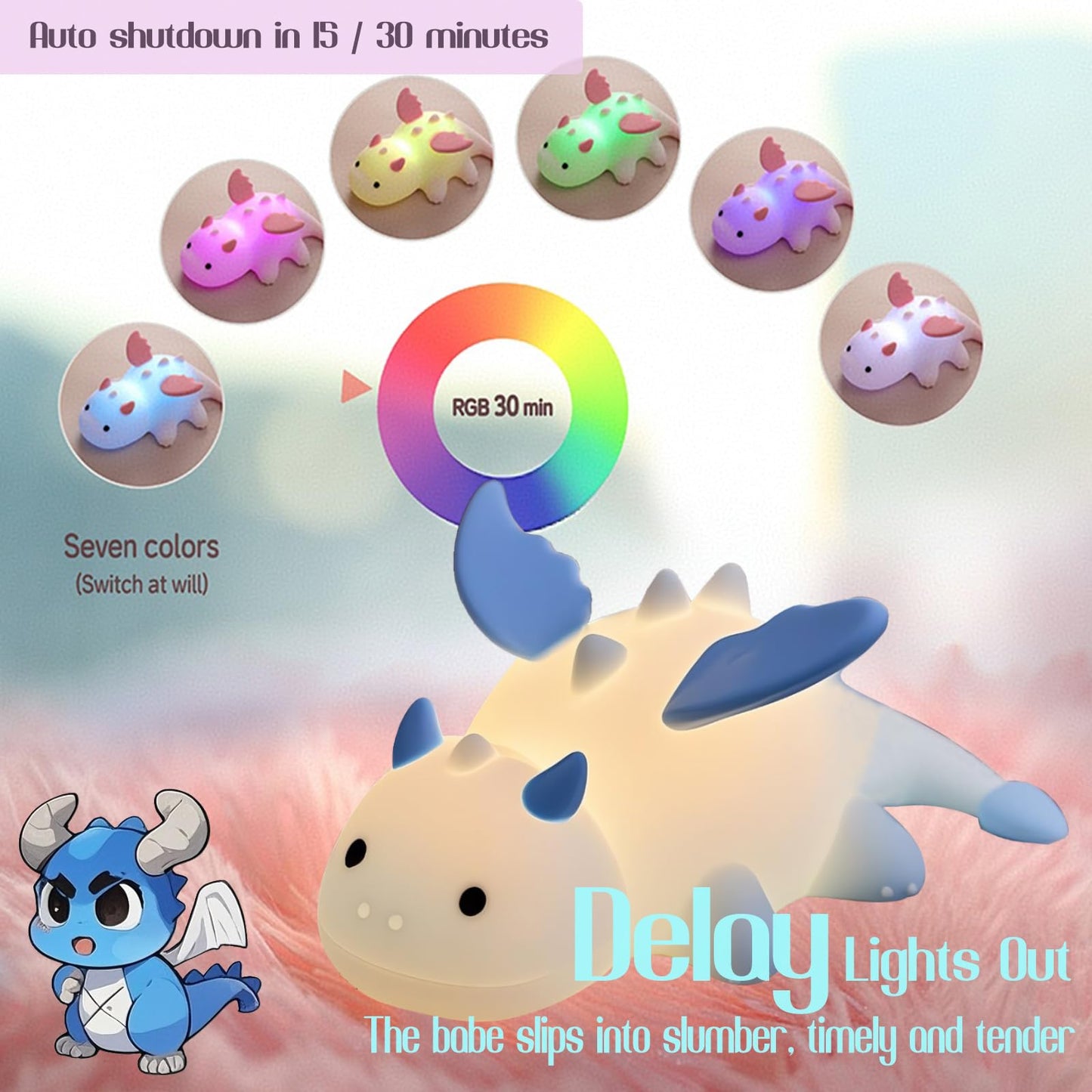 POSSHE Dragon Night Light, Cute Baby Dragon Gifts, Soft Silicone Lamp with 3 Level Warm Light and RGB Changing, Breastfeeding Nursery Portable Kawaii Bedside Lamp for Baby, Toddler, Boys and Girls