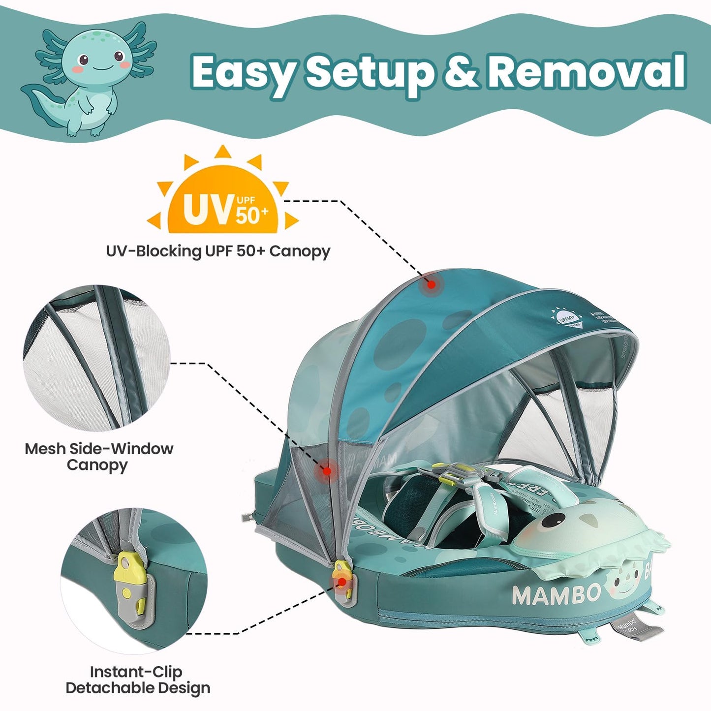 Mambobaby Float Non-Inflatable Baby Float with Canopy, Five-Point Safety System, 3D Canopy(Detachable) UPF 50+, Baby Pool Floats for 3-24 Months, Dual-Mode Toddler Swim Floaties